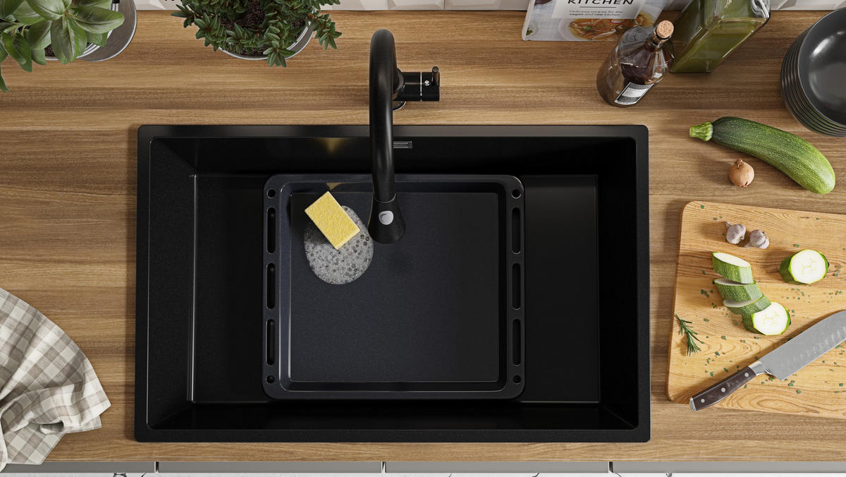 GRANITSPÜLE London Slim, 2-er set Schwarz 76/47 cm 1 Becken + Küchenarmatur 32/20 cm + Ablauf-Set ab 80er Unterschrank - Chromfarben/Schwarz, Kunststoff (76/20/47cm) - Primagran