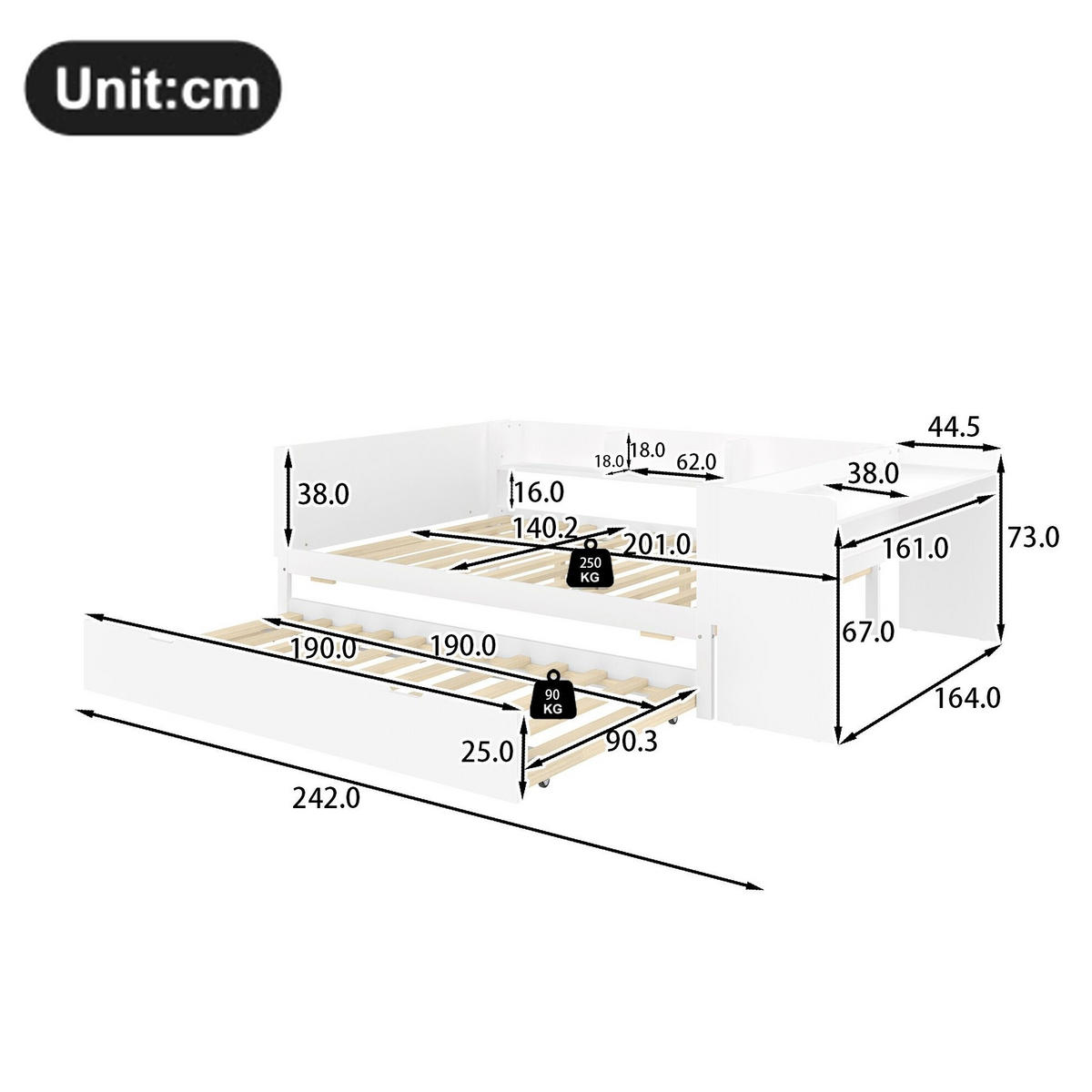 BETT 140/200 cm mit Schreibtisch, Rollbett und Regalen aus Kiefern und Spanplatte, Weiß - Weiß, Holzwerkstoff (140/200cm) - Redom