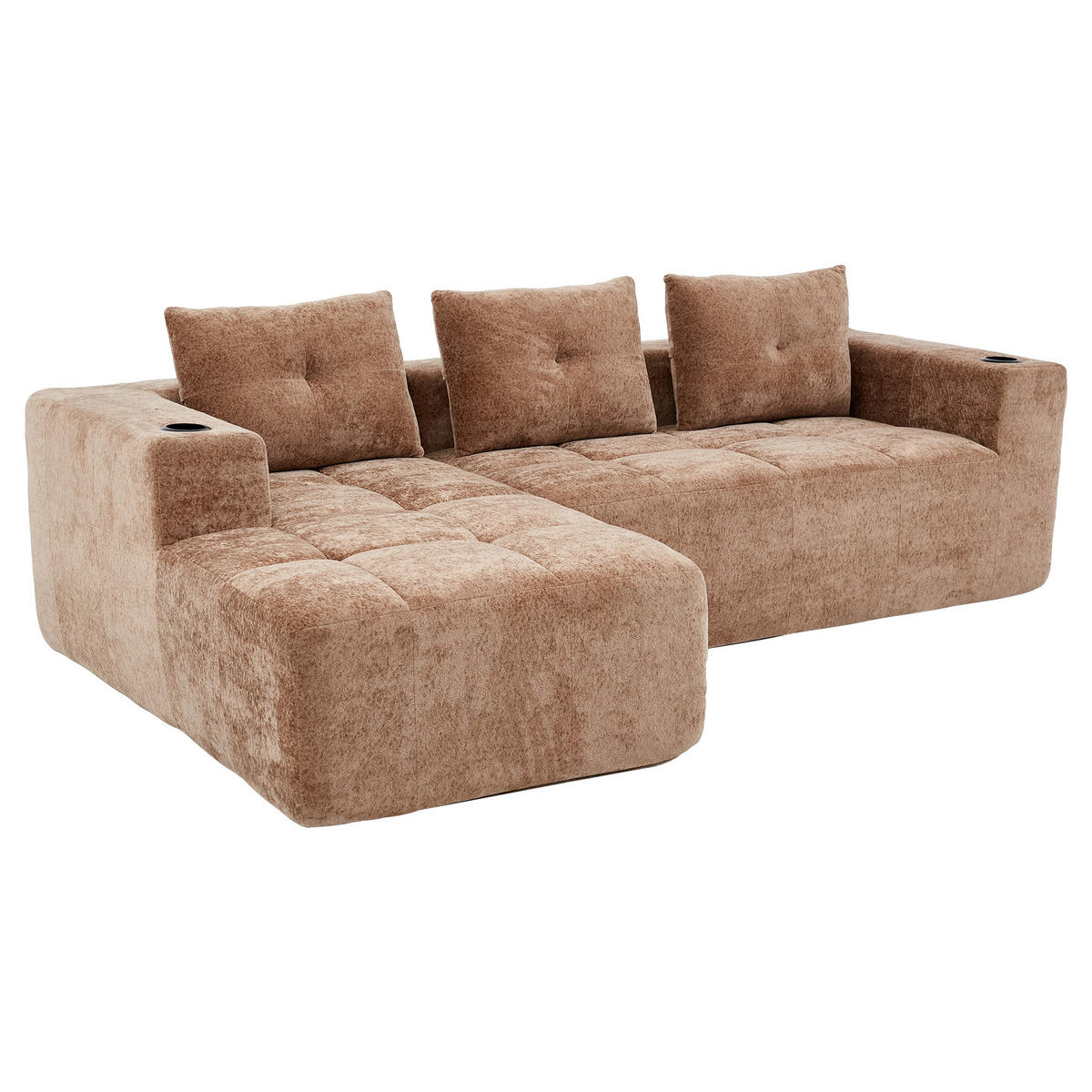 ECKSOFA chenille L-form mit getränkehaltern & 3 kissen - Braun, Textil (258/163cm) - Urban Meuble