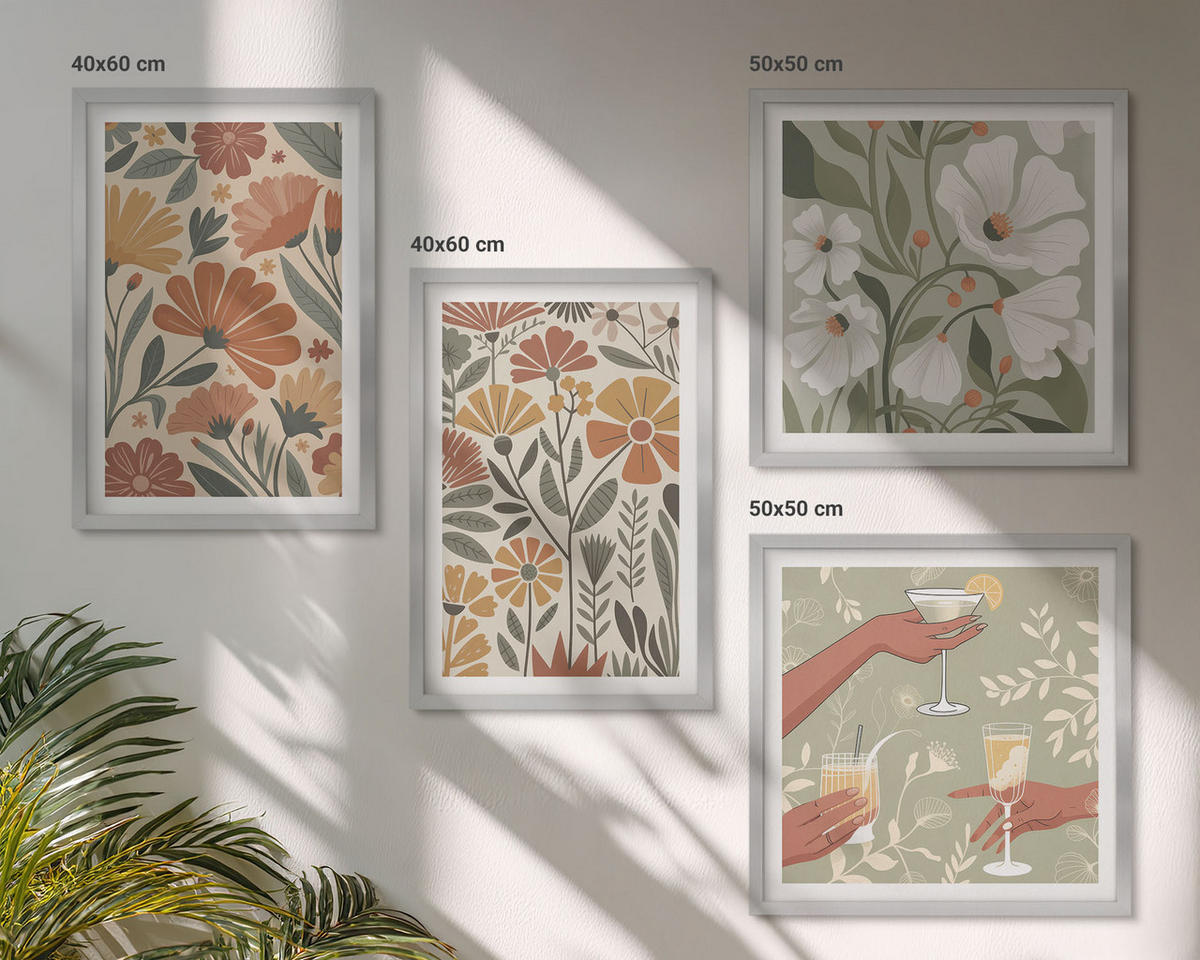 BILDER SET 4er Set - 50x50 cm & 40x60 cm Silberner Rahmen - Blumenmuster in Orange und Grün - Silberfarben, Kunststoff (50/50cm) - TULUP