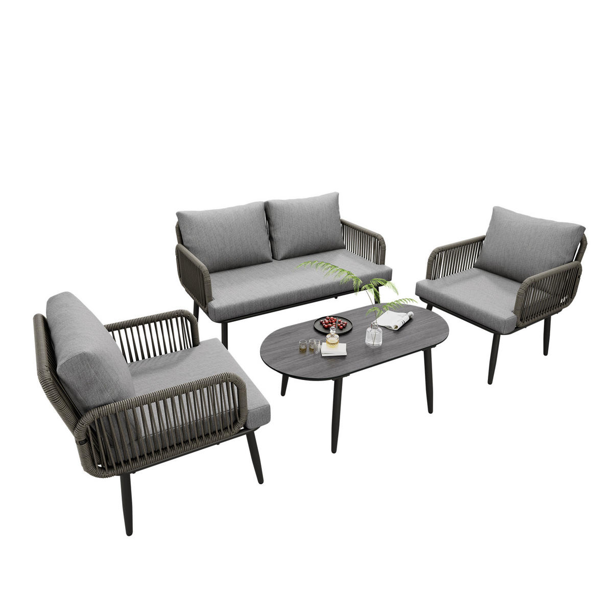 GARTENMÖBEL-SET 4-teilig mit 2-Sitzer-Sofa, 2 Sesseln, Couchtisch und Kissen, verzinkter Stahl, Grau - Grau, Textil - Redom