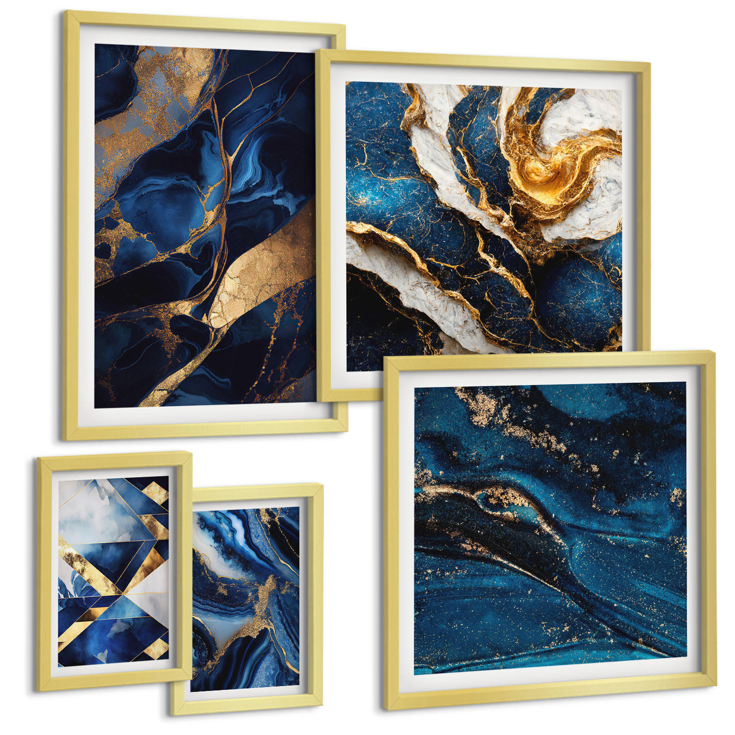 BILDER SET 5er Set - 50x50 cm & 20x30 cm & 40x60 cm Goldrahmen - Abstrakte, elegante Muster - Goldfarben, Kunststoff (40/60cm) - TULUP