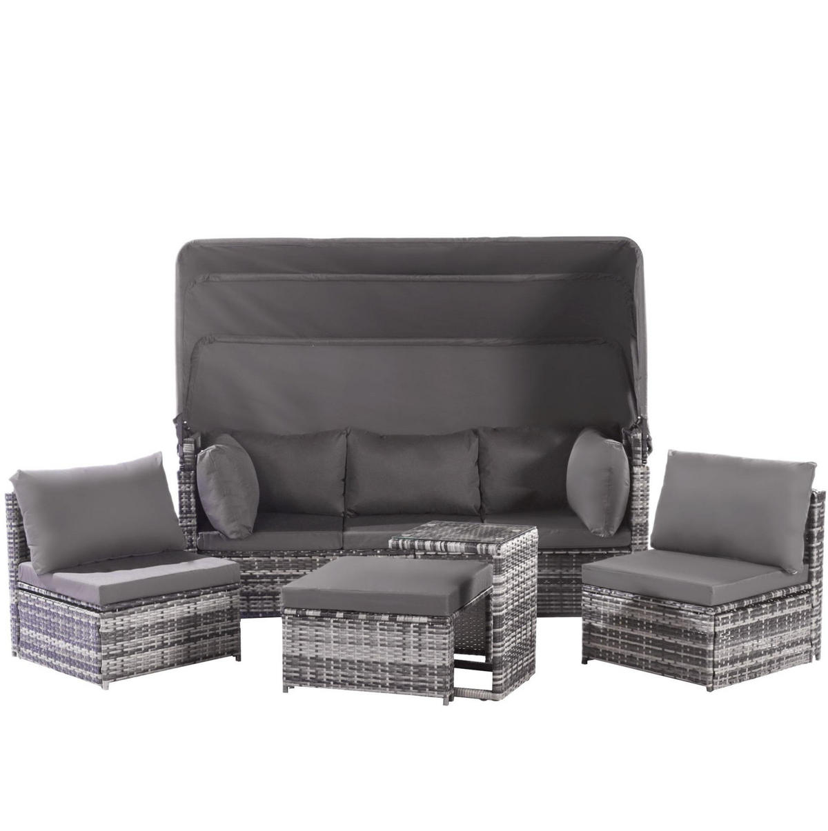 GARTENLOUNGE 194/70/157 cm grau aus Rattan mit Sonnendach - Grau, Kunststoff - OKWISH