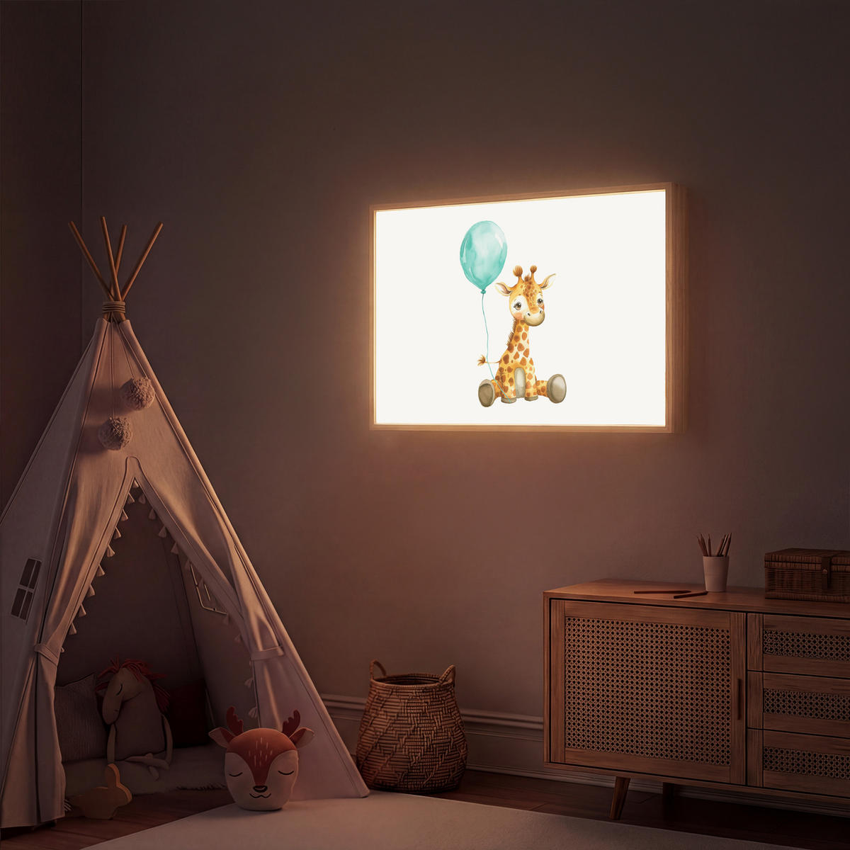 NACHTTISCHLAMPE MIT AKKU Giraffe - Baby - Tiere - Blauer Ballon 90x60 cm - Weiß, Holzwerkstoff (8/90/60cm) - OnlyWow