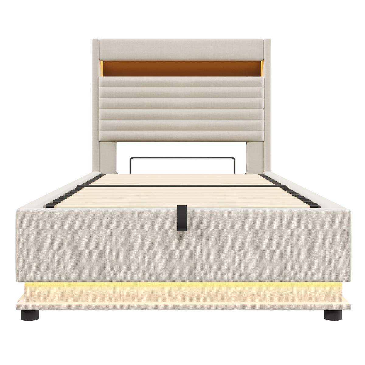 POLSTERBETT 90/200 cm Beige mit USB-Typ-C-Anschluss, LED-Beleuchtung und Ablagefach - Beige, Textil (90/200cm) - Oxeza