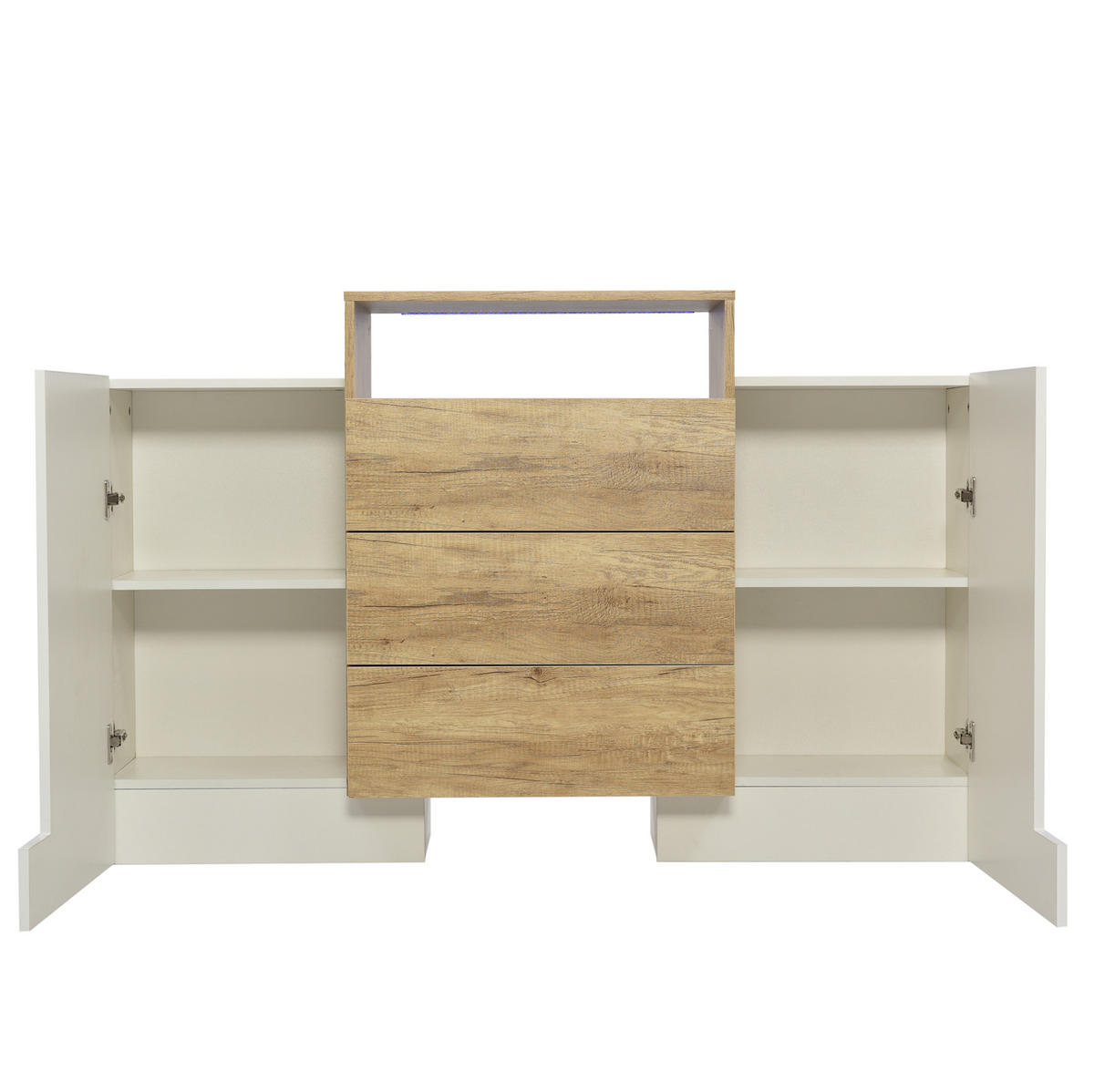 SIDEBOARD 140/30/77,5 cm in Weiß/Natur mit LED-Beleuchtung und 3 Schubladen - Naturfarben, Holzwerkstoff (140/77/30cm) - Flora Grace
