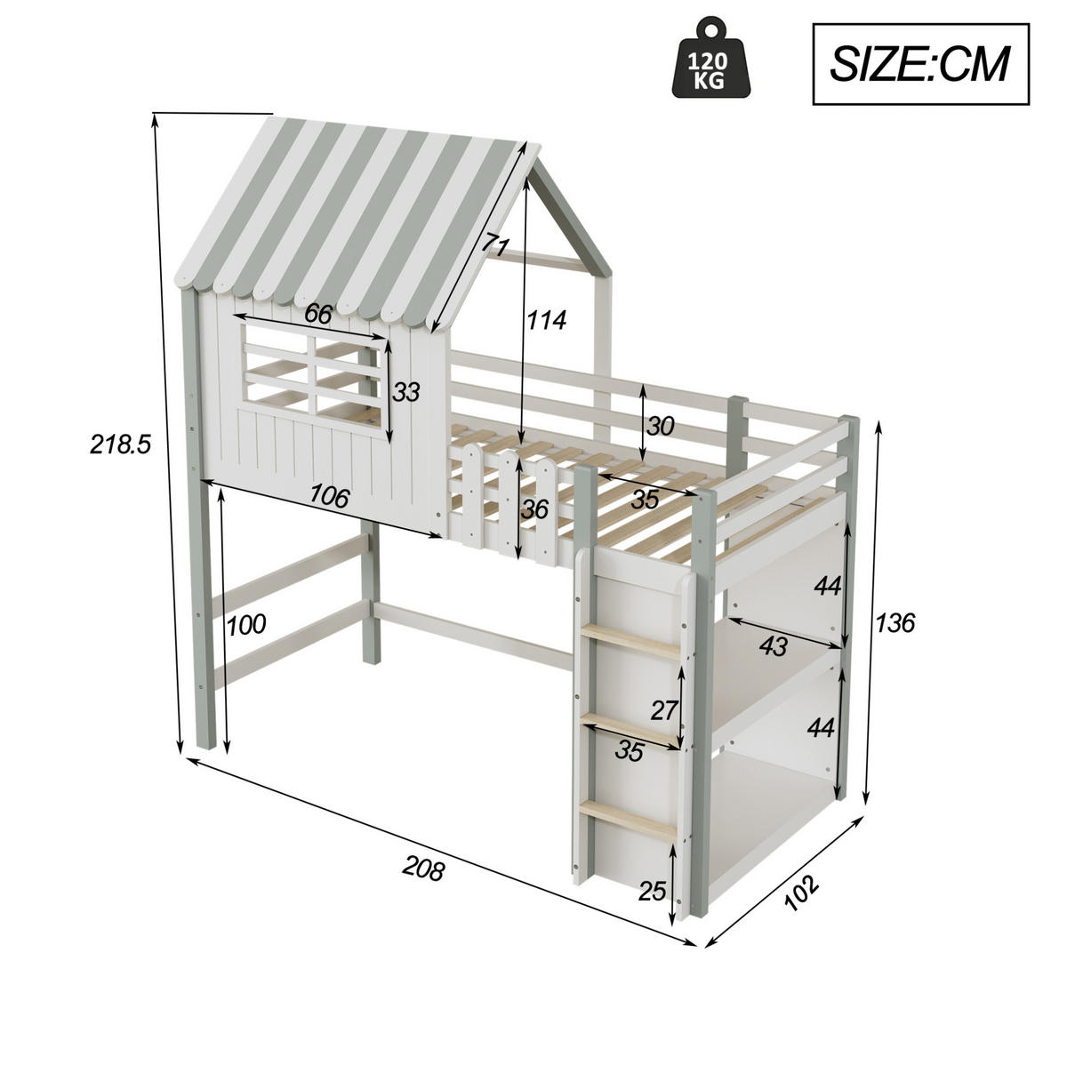 KINDEREINZELBETTEN aus Massivholz 90x200 cm in Grün mit Sicherheitsleiter - Grün, Holz (90/200cm) - Modfu