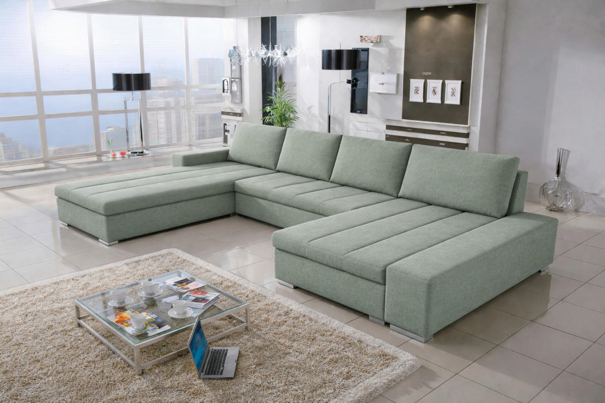 WOHNLANDSCHAFT VERONA U-Form mit Schlaffunktion, Bettkasten und Wellenfederung – Großzügiges Ecksofa 387 cm - Mintgrün, Kunststoff (387/85/213cm) - Wohnideebilder
