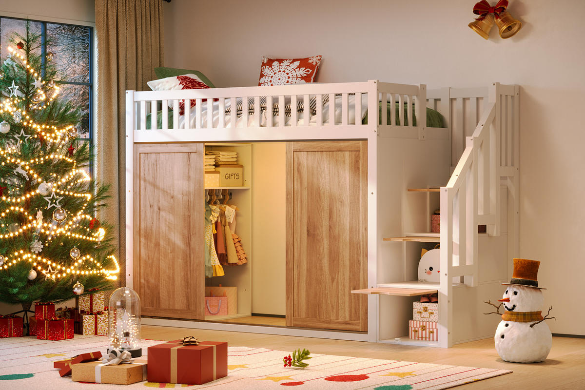 HOCHBETT 90/200 cm in Weiß & Eichefarben mit Kleiderschrank, Treppenschrank und LED Massivholz - Weiß, Holz/Holzwerkstoff (90/200cm) - CHICFURN