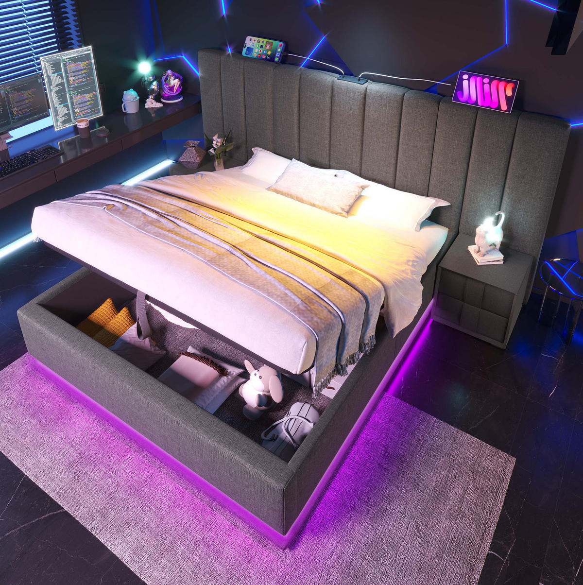 POLSTERBETT 180/200 cm Grau aus Leinen mit LED und Stauraum - Grau, Textil (180/200cm) - OKMYHOME
