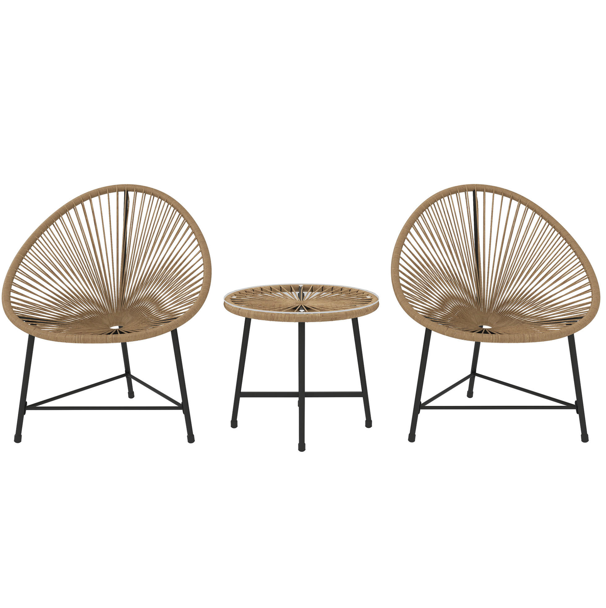 BALKONMÖBEL-SET 72/68/81 cm mit 2 Stühlen, Tisch, Glasplatte und Stahlgestell aus Rattan, Naturholz - Naturfarben, Naturmaterialien - Redom