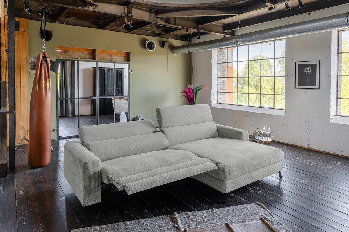 ECKSOFA LAISKA Hellgrau Cord Relaxfunktion - Hellgrau/Schwarz, Textil/Metall (282/177cm) - KAWOLA