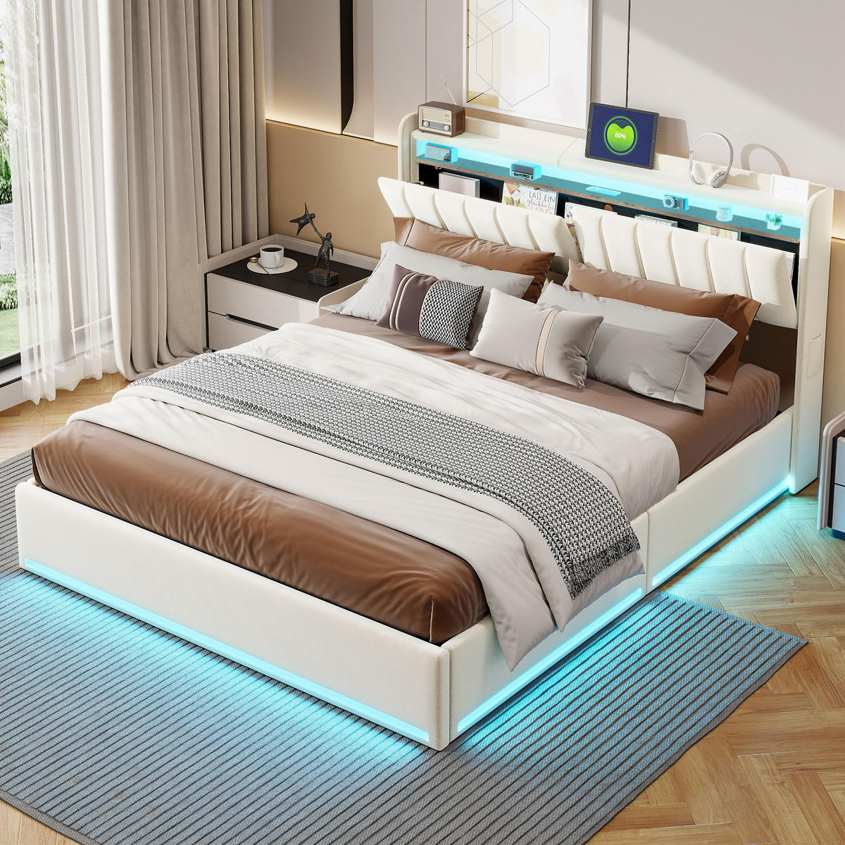 BETT 140/200 cm mit Stauraum, LED-Beleuchtung und USB,Doppelbett 250616WXL0604 - Beige/Naturfarben, Holz/Metall (140/200cm) - PARAFTA HOME