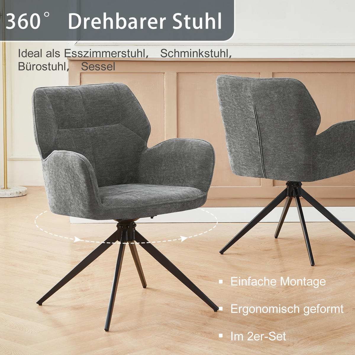 ESSTUHL 2er-Set Dunkelgrau drehbar mit Samt-Optik und Armlehnen - Dunkelgrau, Metall (53.5/84/45cm) - PANGIVO