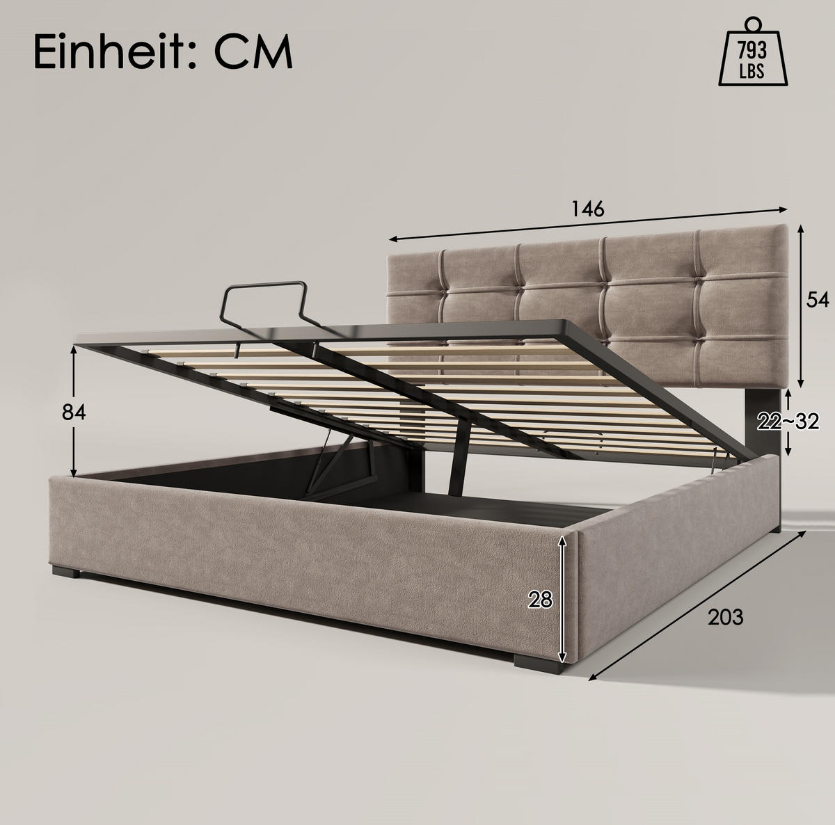 POLSTERBETT 140/200 cm mit Matratze, verstellbarem Kopfteil und hydraulischem Bettkasten aus Samt, Hellgrau - Hellgrau, Textil (140/140cm) - Redom