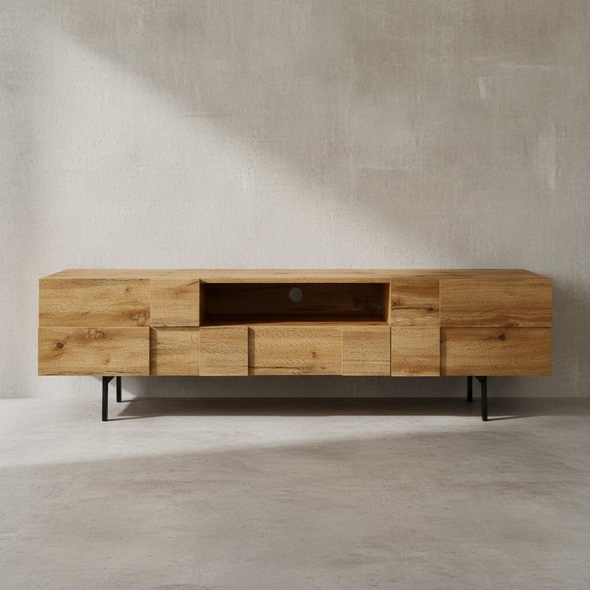 LOWBOARD Eiche-Dekor Modern Stil mit Kachelmuster für Konsolen und DVDs - Schwarz/Braun, Holz/Metall (160/46/43cm) - KADIMA DESIGN