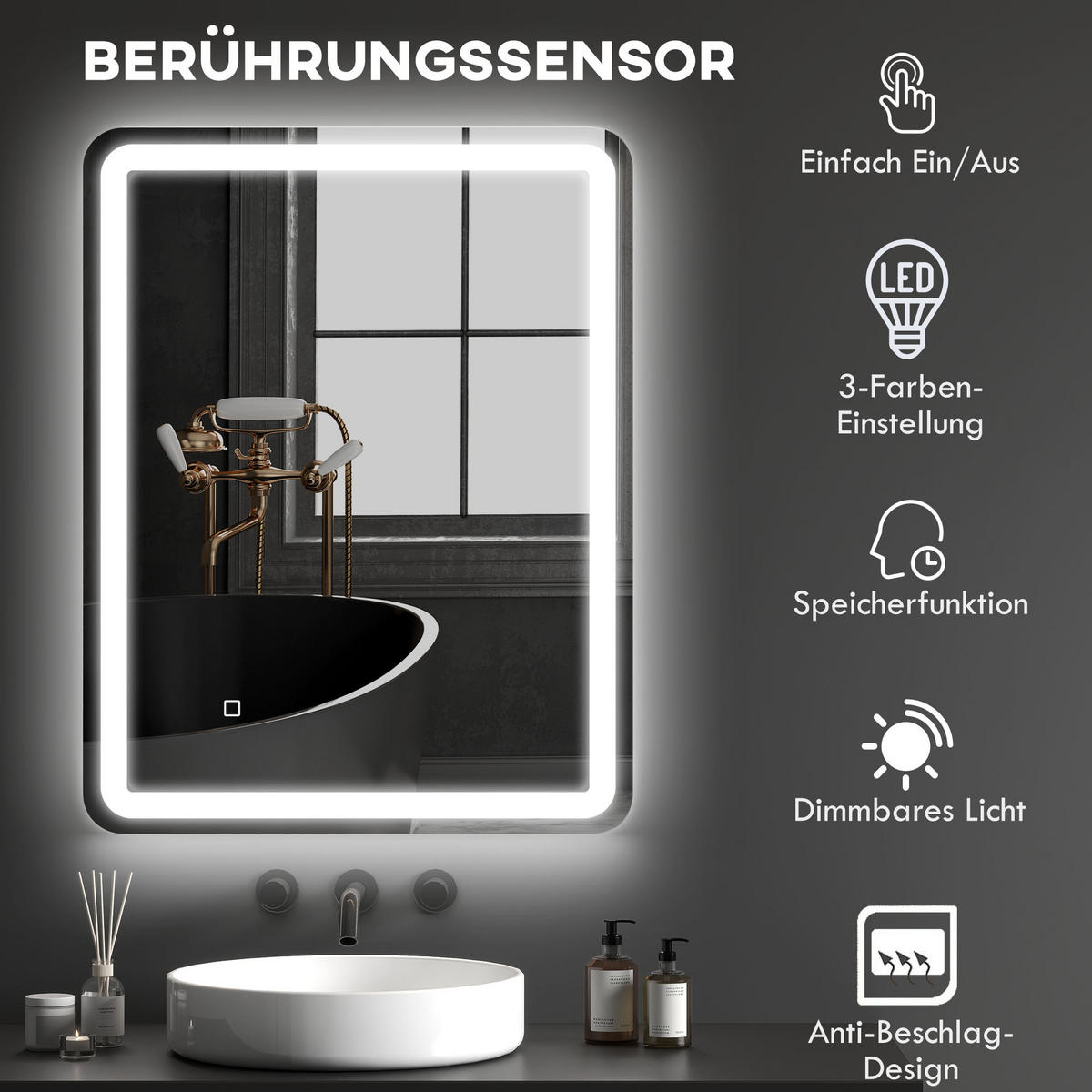 BADSPIEGEL, 70 x 90 cm LED Badezimmerspiegel mit 3 Lichtfarben, Touch-Schalter - Silberfarben, Glas (70/4/90cm) - HOMCOM