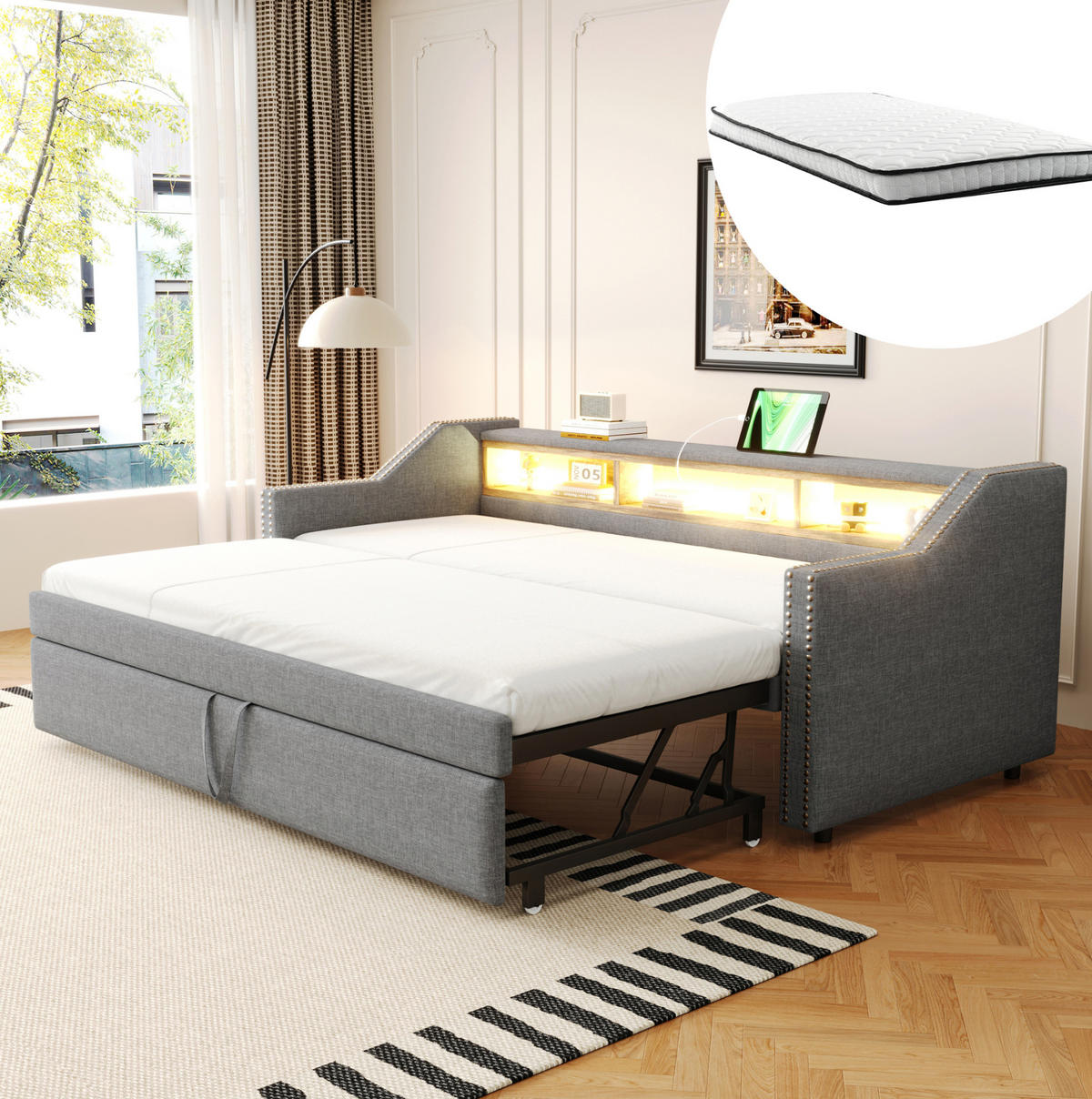 MULTIFUNKTIONSBETT 90/190 cm und 180/190 cm Hellgrau mit LED-Beleuchtung und USB-Anschluss Mit Matratze - Hellgrau, Textil (90/190cm) - OKWISH