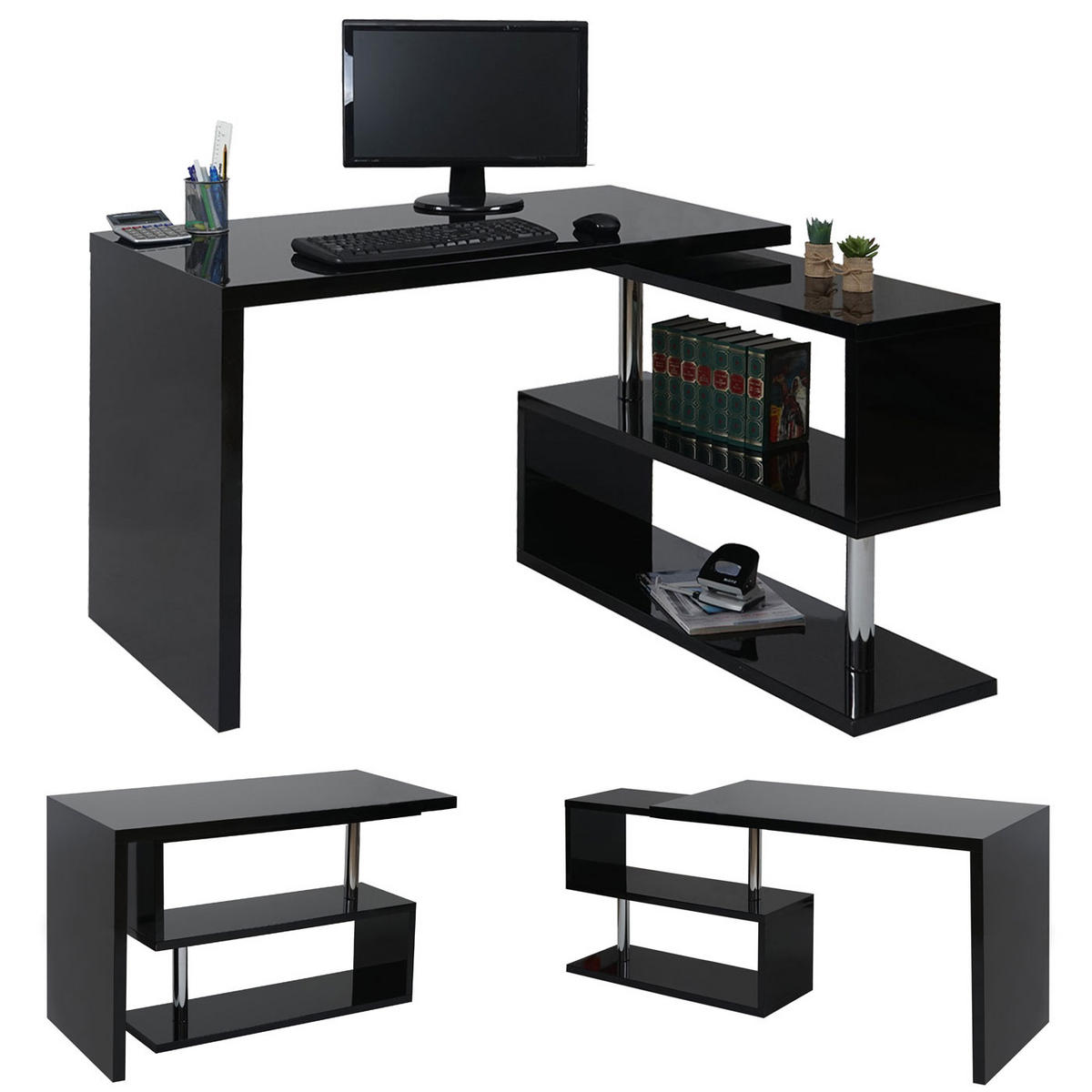 ECKSCHREIBTISCH rechteckig Hochglanz Schwarz - Schwarz Hochglanz, Holzwerkstoff (60/120/76cm) - MCW