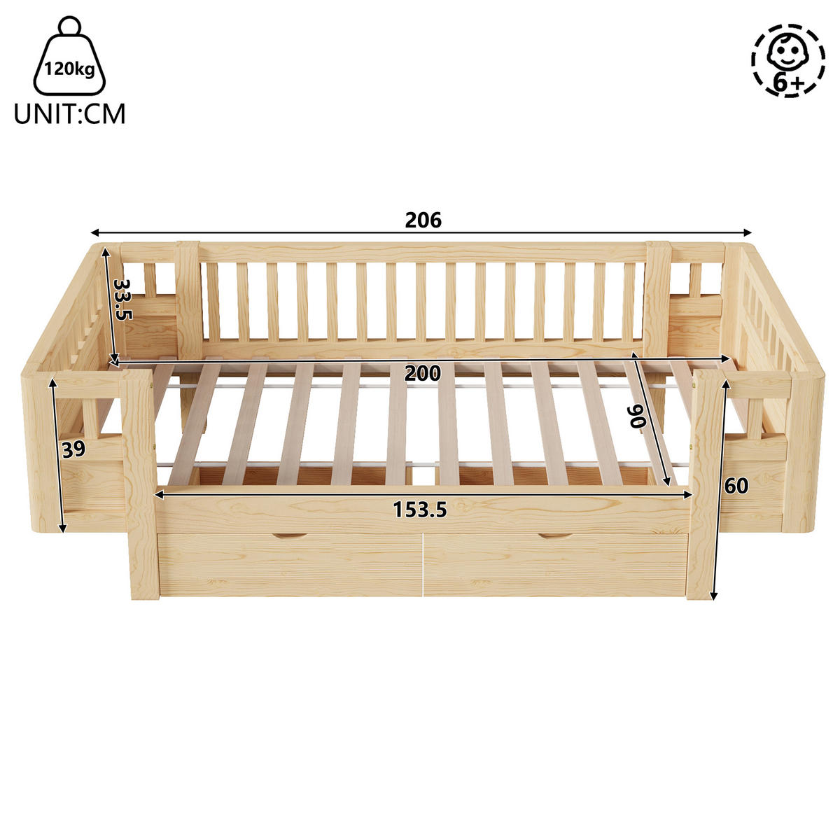 KINDERBETT 90/200 cm in Holzfarbe mit 2 Schubladen Massivholz Skandinavisches Design - Naturfarben, Holzwerkstoff (90/200cm) - STILVORA