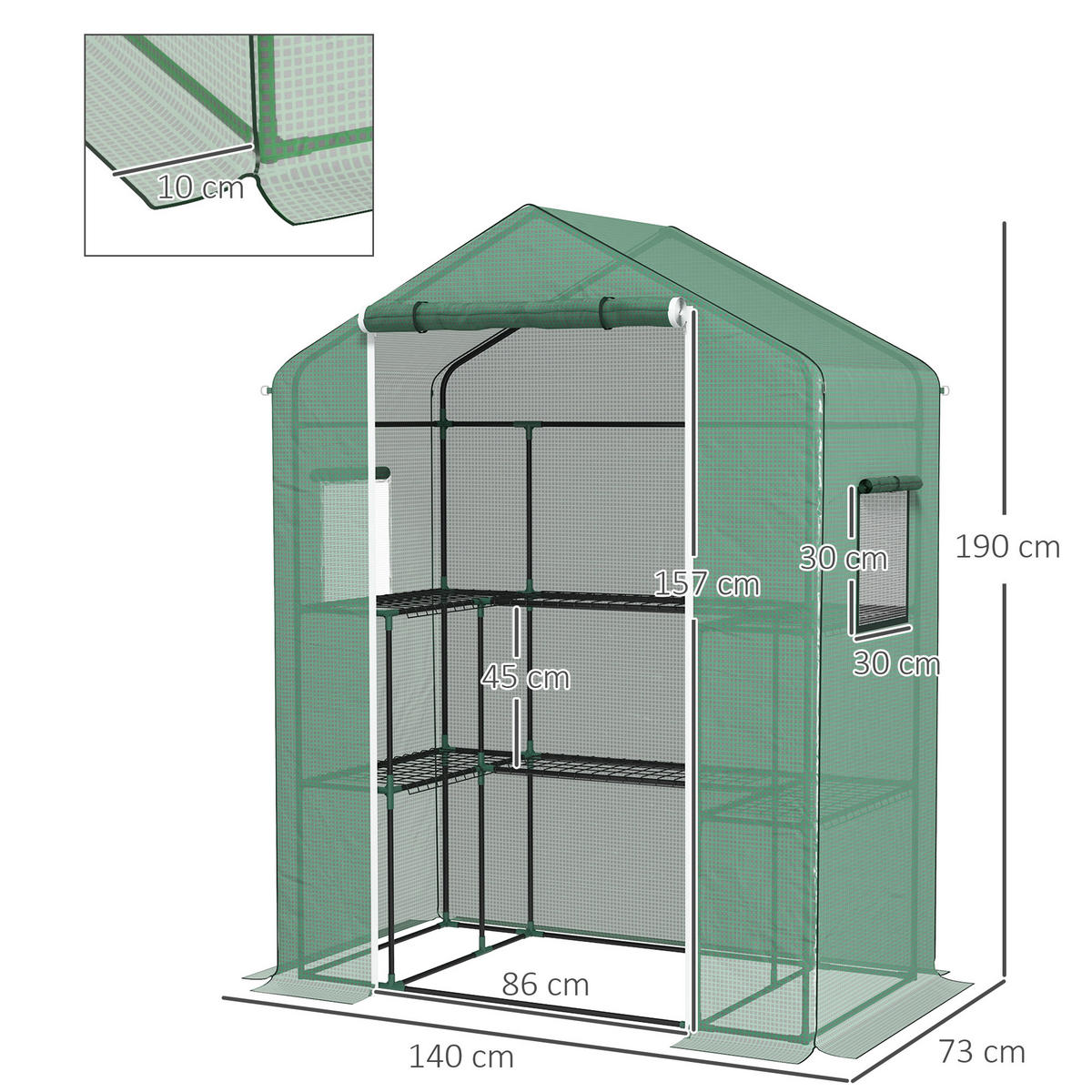 GEWÄCHSHAUS DE-11952 mit Tür, 2 Fenstern & U-Etagen Transparent - Grün, Kunststoff (73/190/140cm) - ComfortXL