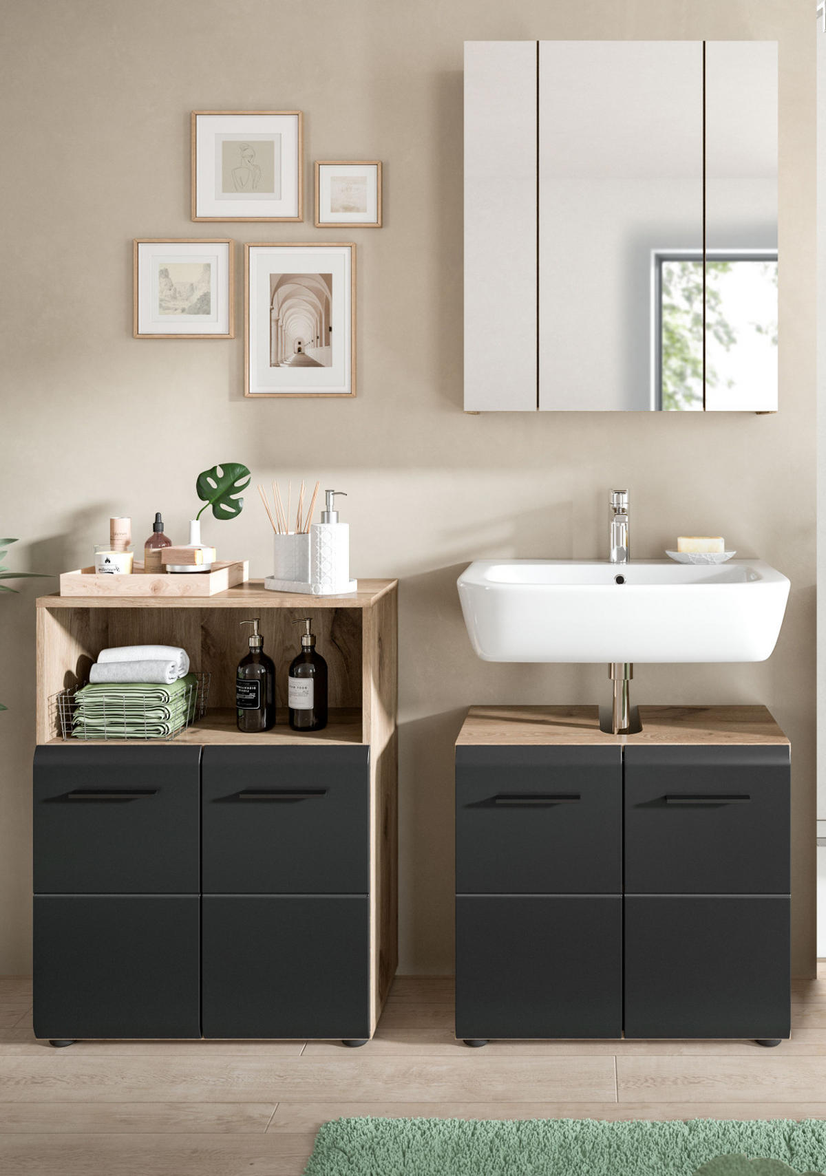 BADMÖBEL Set 3-teilig in schwarz matt und Nox Eiche Badkombination 135 x 185 cm Cover - Eichefarben/Schwarz, Glas/Holzwerkstoff (135/185/30cm) - Inn.Furn