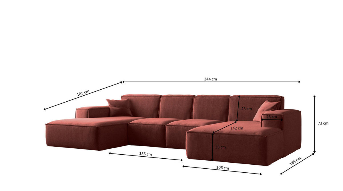 ECKSOFA U-Form Siena mit Stoff Maloy Kirsche - Kirschrot, Holz (344/165cm) - Kaiser Möbel