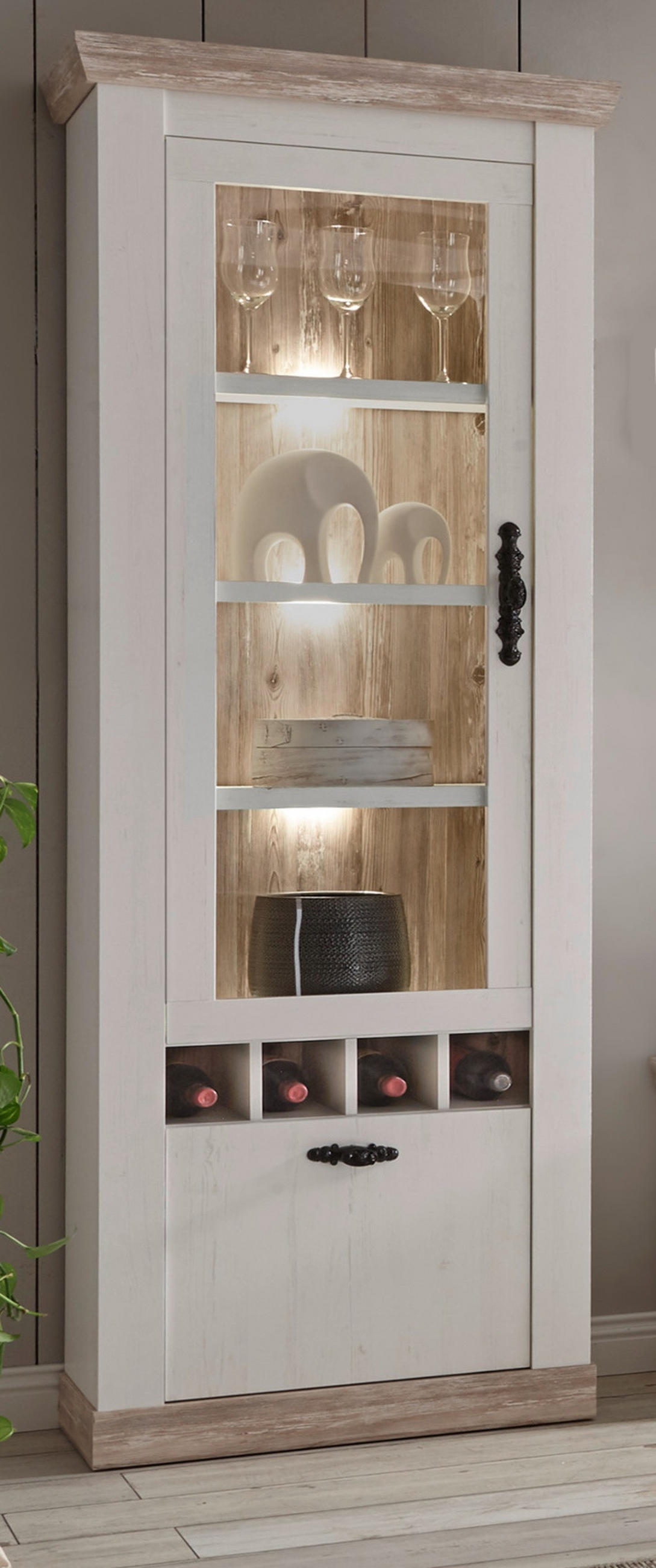 VITRINE Pinie weiß, Oslo Pinie Landhaus, Vitrinenschrank mit Weinregal, 71 x 201 cm - Anthrazit/Weiß, Holzwerkstoff/Metall (71/201/37cm) - Furn.Design