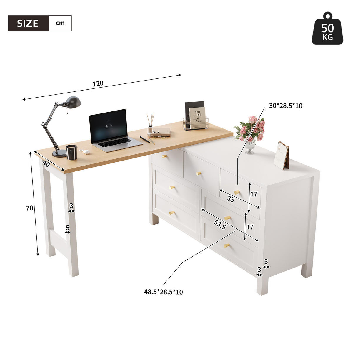 SCHREIBTISCH mit 7 Schubladen in Weiß/Eiche, drehbar und als Eckschreibtisch nutzbar - Naturfarben, Holzwerkstoff (120/40/70cm) - BEAOK