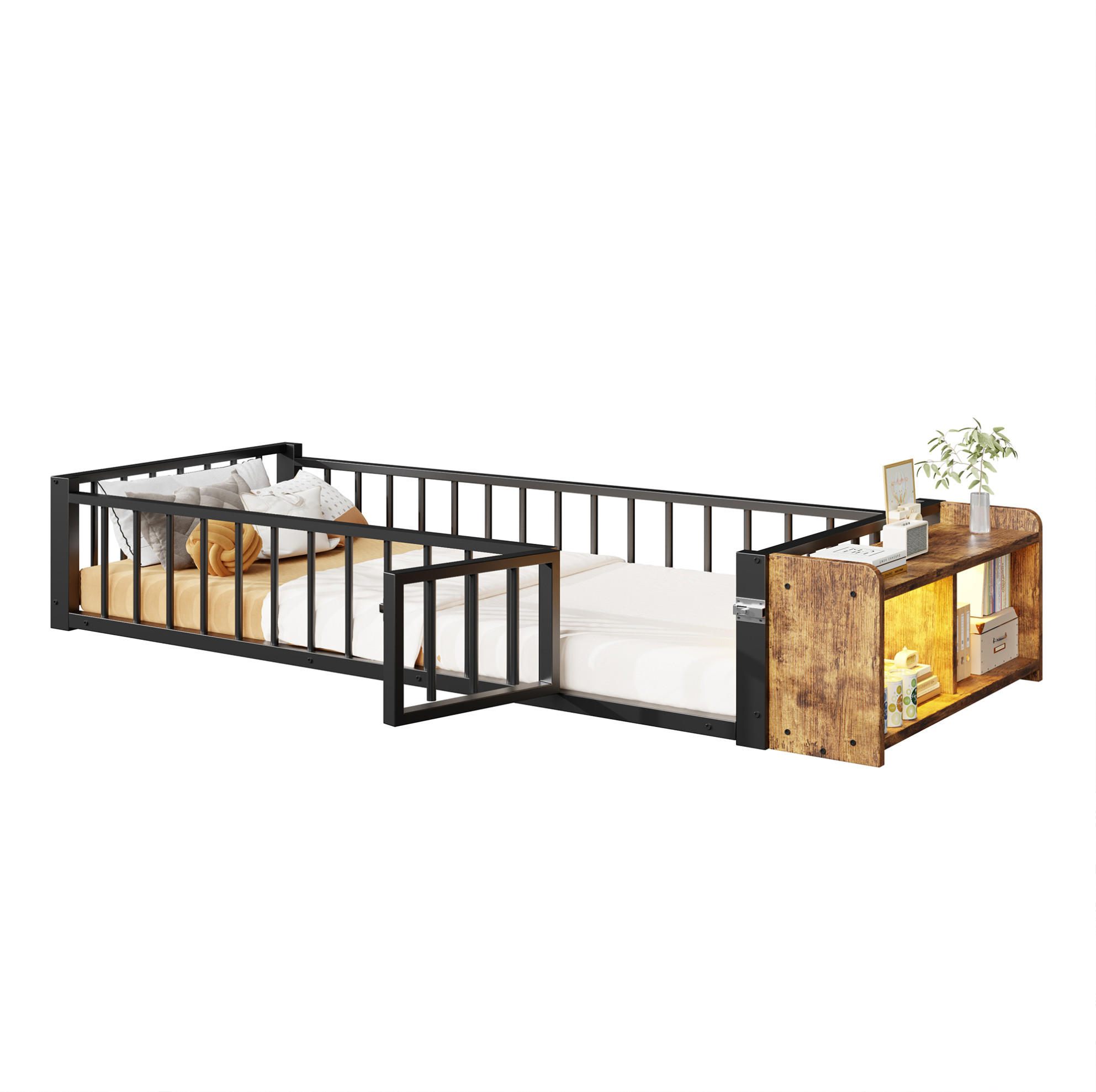 KINDERBETT 90/200 cm, Schwarz mit Schutzgeländer und LED, ohne Matratze - Schwarz, Metall (90/200cm) - MIVRAY