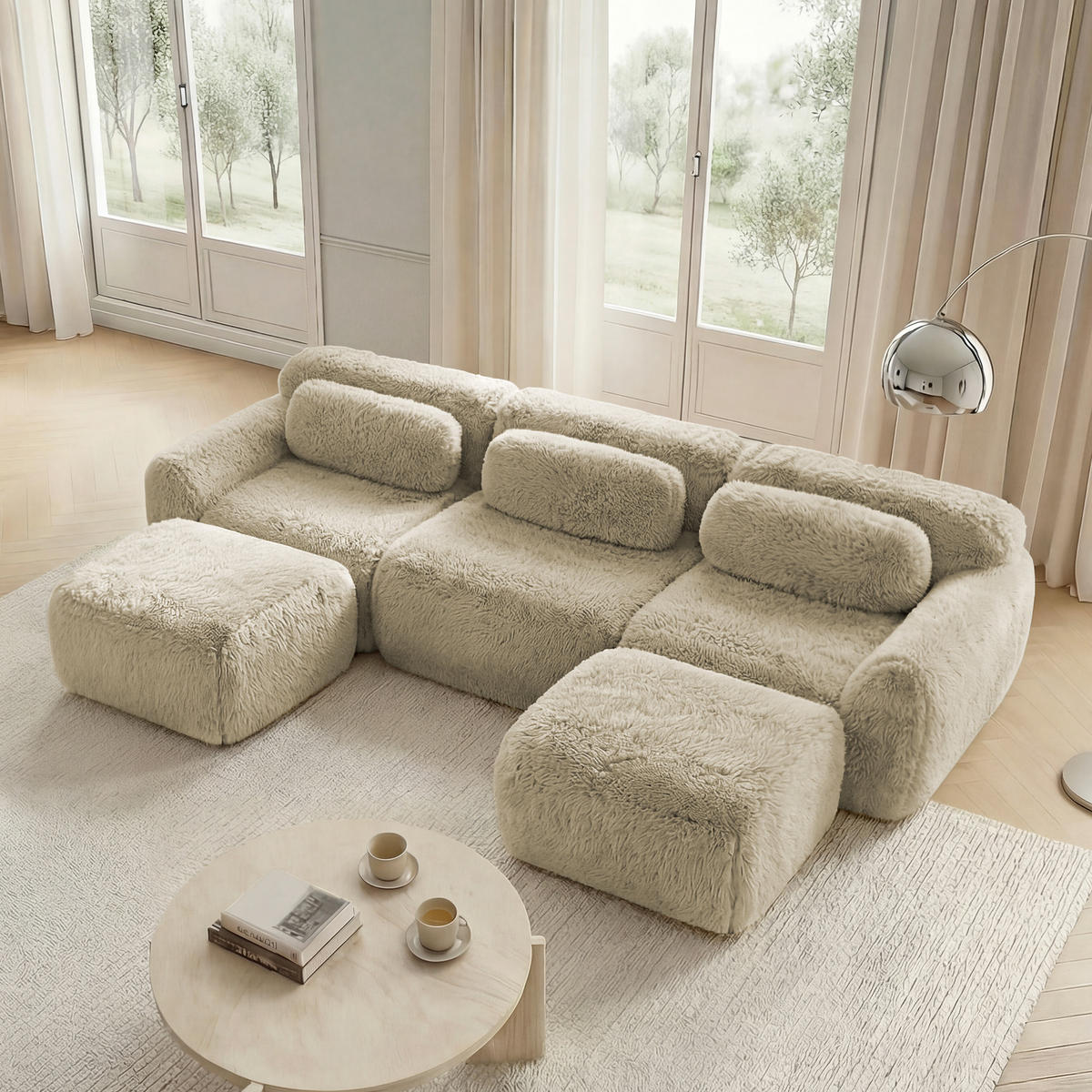 WOHNLANDSCHAFT Plüsch Hellkhaki mit Kissen - Beige, Textil (291/73/179cm) - WISHDOR
