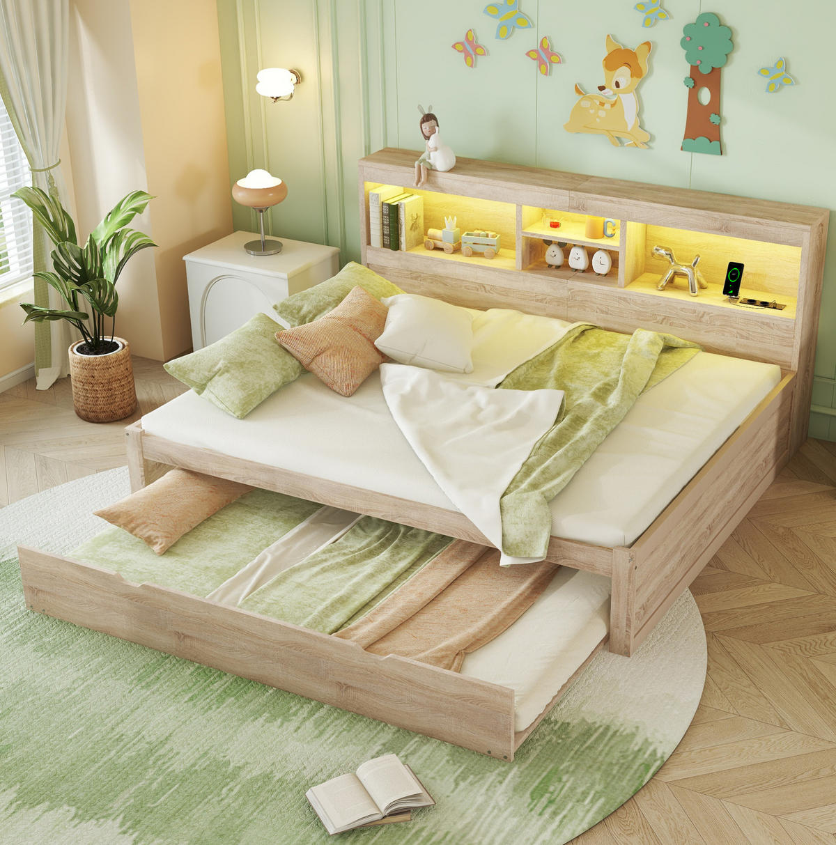 TAGESBETT 140/200 cm mit LED-Beleuchtung, Ausziehbett, Steckdose, USB und Bettfach, Natur - Naturfarben, Holzwerkstoff (140/200cm) - Redom