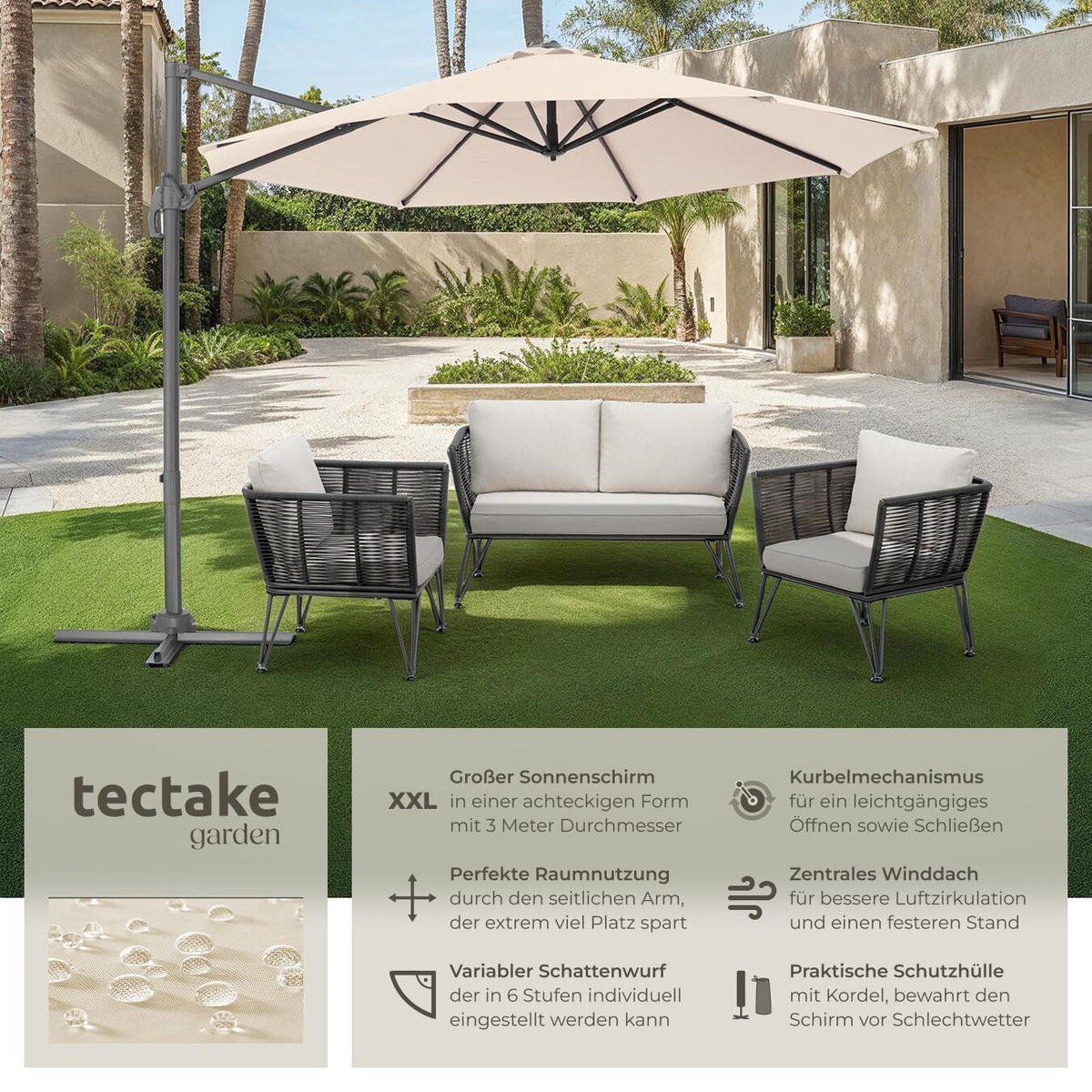 SONNENSCHIRM Daria,UV-Schutz 50+, inklusive Schutzhülle,beige - Beige, Metall (300/372cm) - tectake