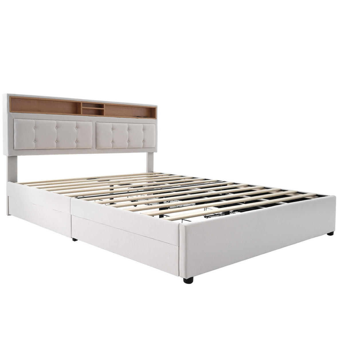 POLSTERBETT 160/200 cm mit 4 Schubladen, USB-C und verstellbarem Kopfteil - Beige, Textil (160/200cm) - BEAOK