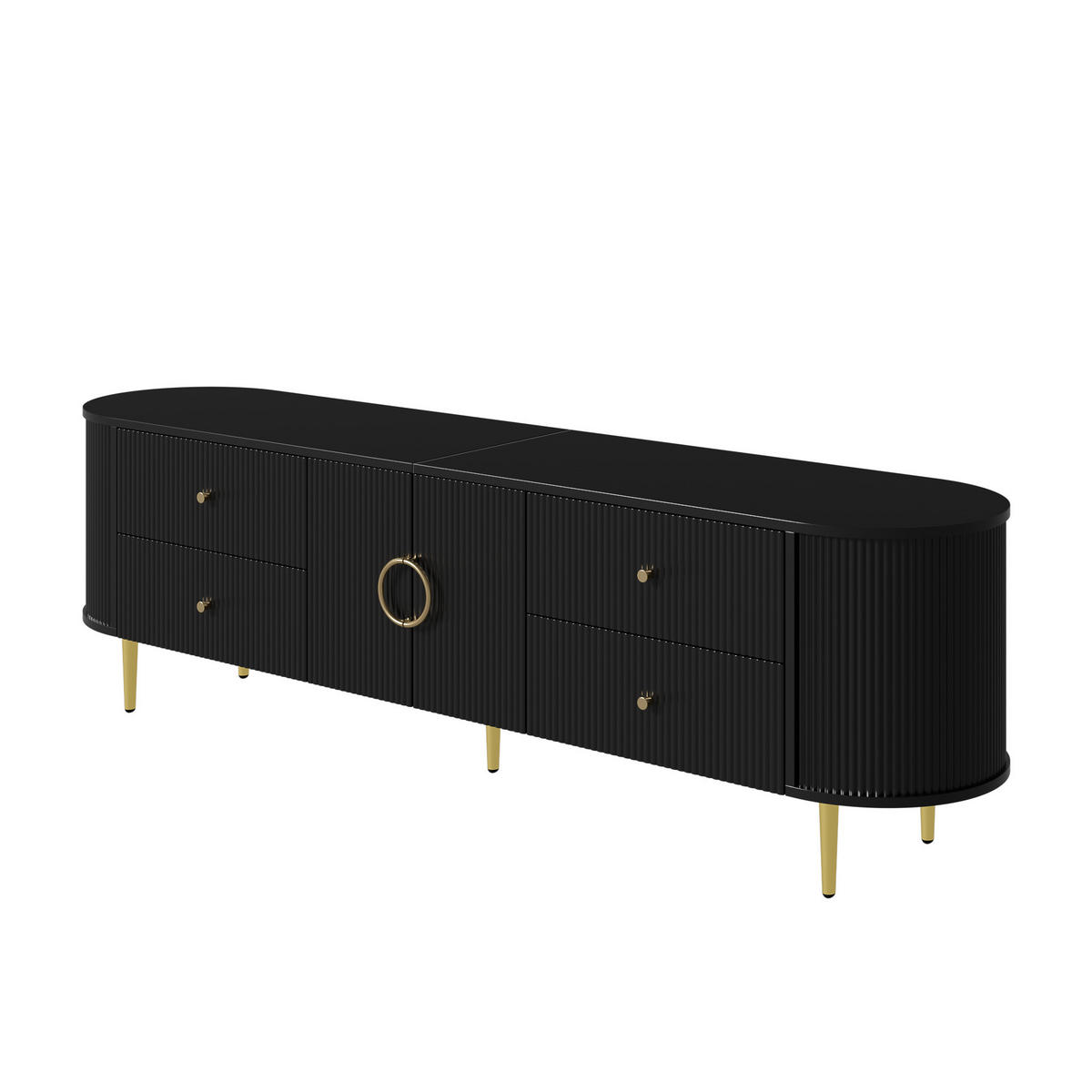 TV-SCHRANK Lowboard MDF Wellenstruktur Eisenfüße Kabel - Schwarz, Holzwerkstoff (180/53/40cm) - FLIEKS
