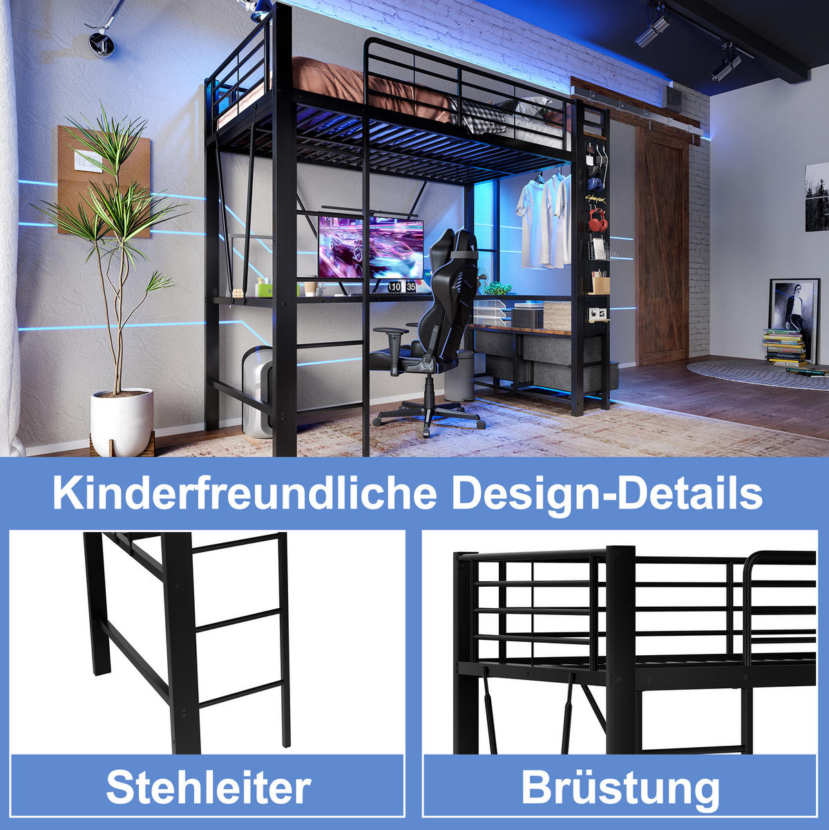 HOCHBETT 90/200 cm aus Metall mit Schreibtisch, LED, USB-C, 4 Schubladen und Regalen, Schwarz - Schwarz, Metall (90/200cm) - Redom