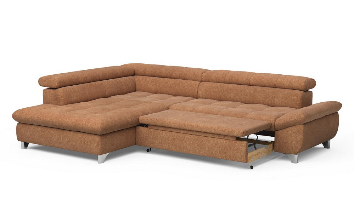 ECKSOFA mit Schlaffunktion und verstellbare Kopflehnen - Cognac/Silberfarben, Textil/Metall (312/234cm) - Cotta