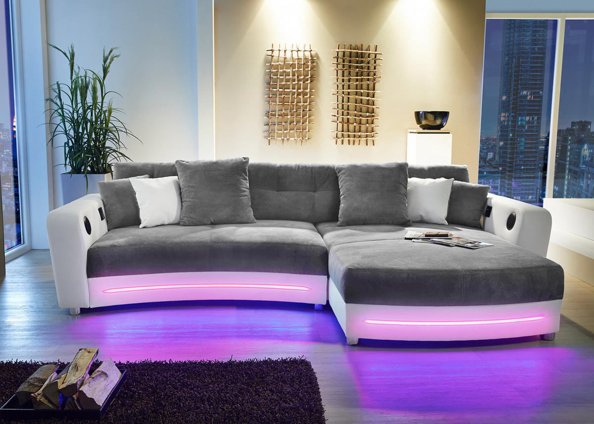 MULTIMEDIA-ECKSOFA Soundsystem RGB-LED Beleuchtung Bluetooth USB AUX-in, seitenverkehrt montierbar B322/T190/H88cm, Kunstleder Weiß-Mikrof.Grau/15410 - Chromfarben/Weiß, Textil/Metall (322/88/190cm) - luma-home