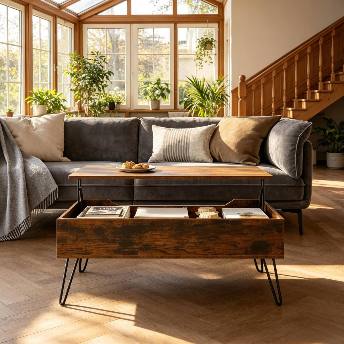 COUCHTISCH 95/50 cm höhenverstellbar mit Stauraum in Rustikal Braun - Braun, Holzwerkstoff (95/50/55.5cm) - Flora Grace