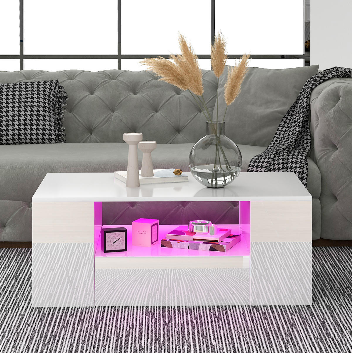 COUCHTISCH 95/53/37 cm Weiß aus Spanplatte mit LED und 2 Schubladen - Weiß, Holzwerkstoff (95/53/37cm) - OKMYHOME