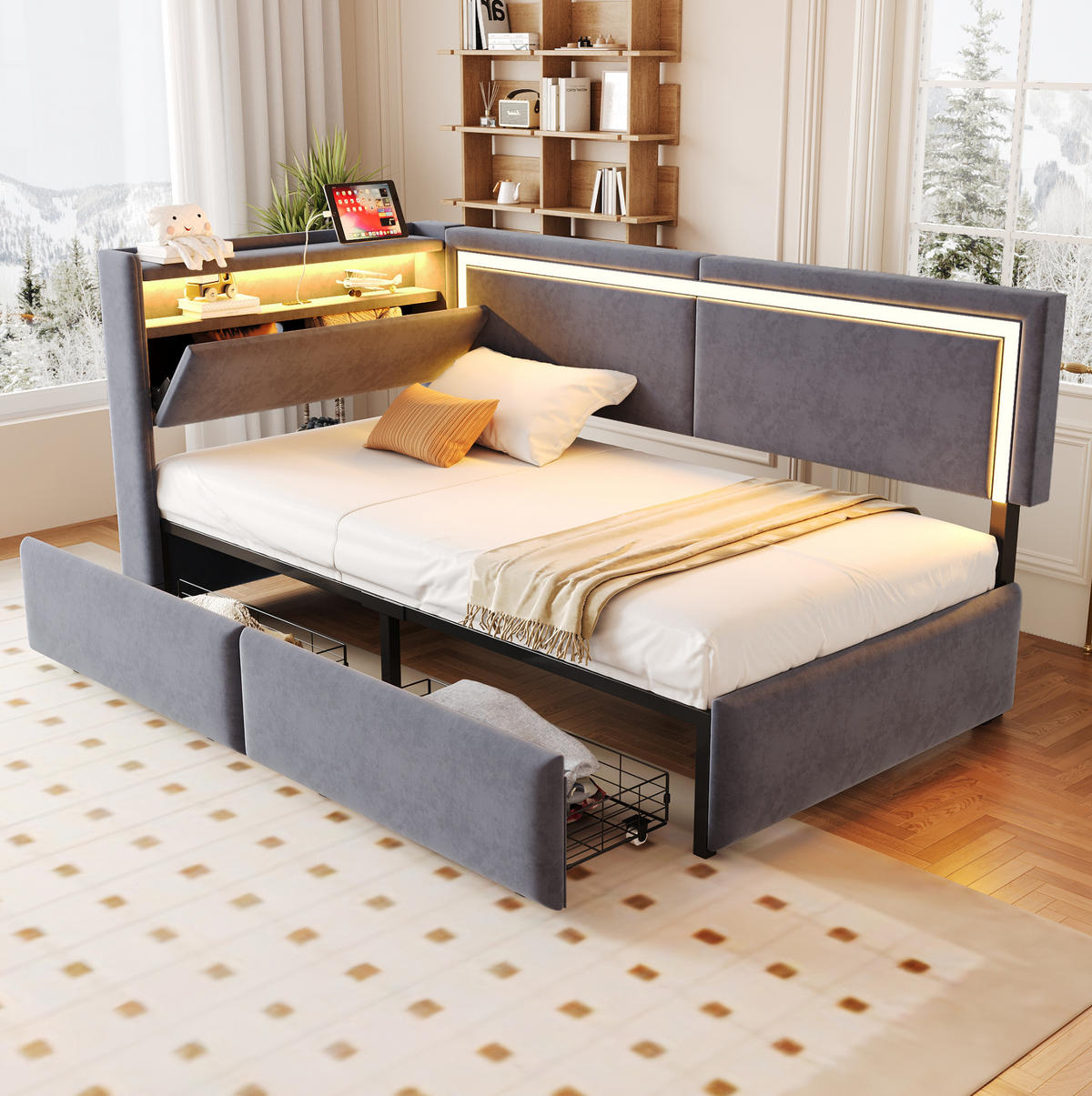 ČALOUNĚNÁ postel 90/200 cm tmavě šedá ze sametu s LED osvětlením a USB - tmavě šedá, textil (90/200cm) - OKWISH