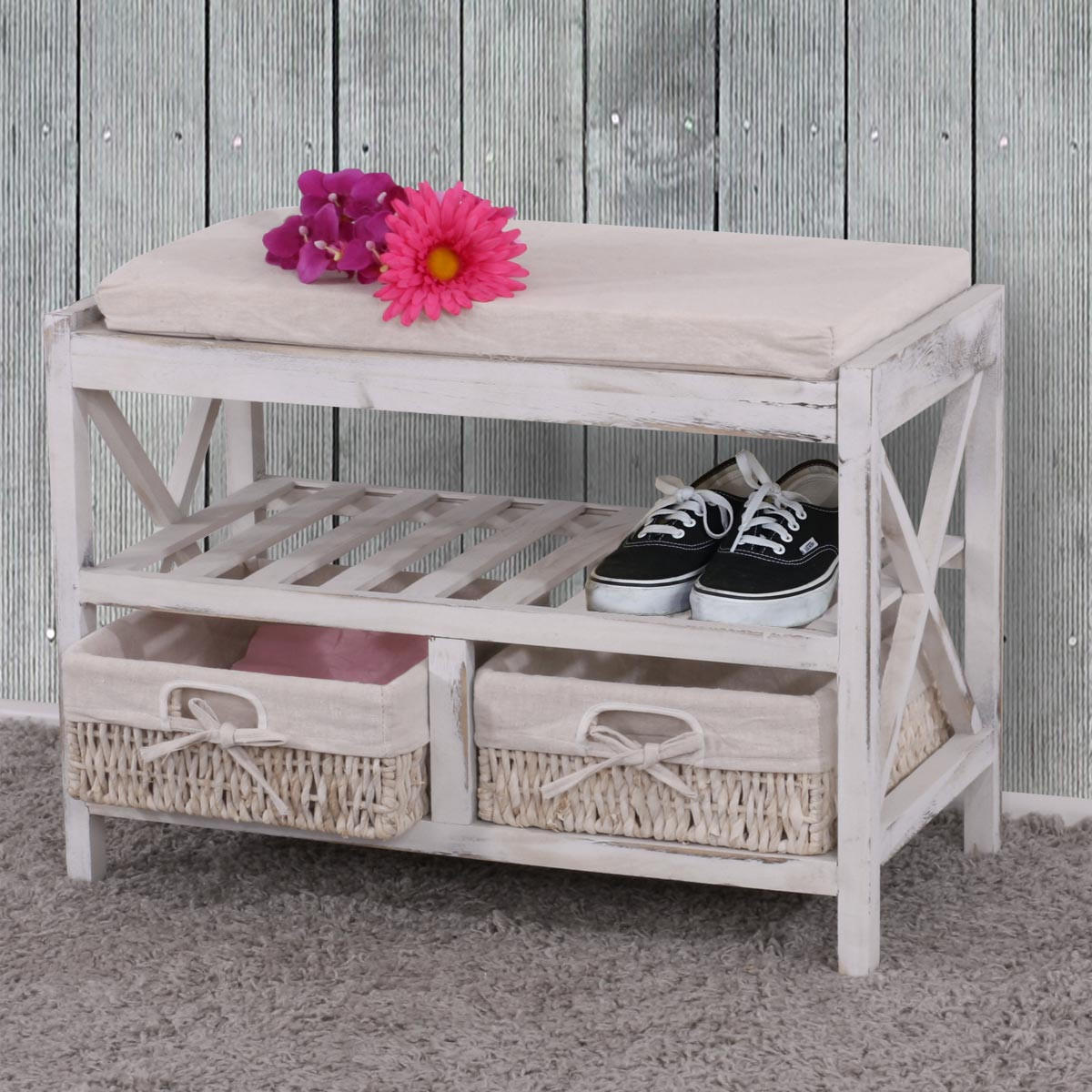 SCHUHREGAL SITZBANK Weiß, Cremeweiß - Weiß, Holz (65/45/34cm) - MCW