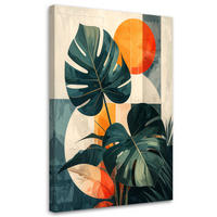 WANDBILD, Exotische Blätter mit orangefarbener Sonne auf hellem Hintergrund - Grün, Textil (70/100cm) - Feeby
