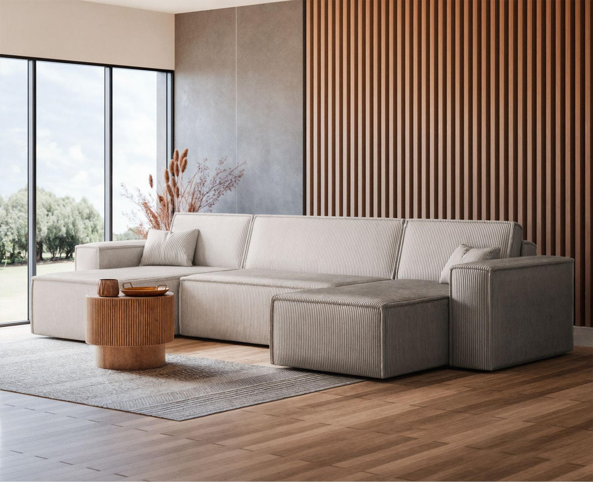 WOHNLANDSCHAFT Scarlo Hellbeige Cordbezug - Ecru/Schwarz, Kunststoff/Textil (244/83/145cm) - Selsey