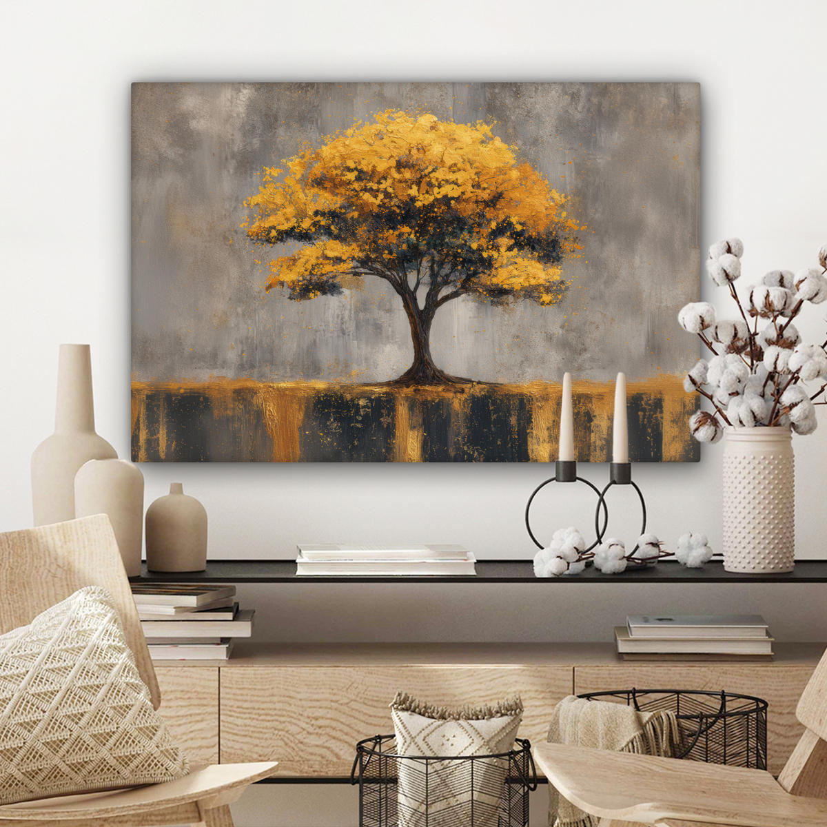 LEINWANDBILD Baum - Blätter - Gold - Abstrakt Gemälde 60x40 cm - Grau, Textil (60/40cm) - MuchoWow