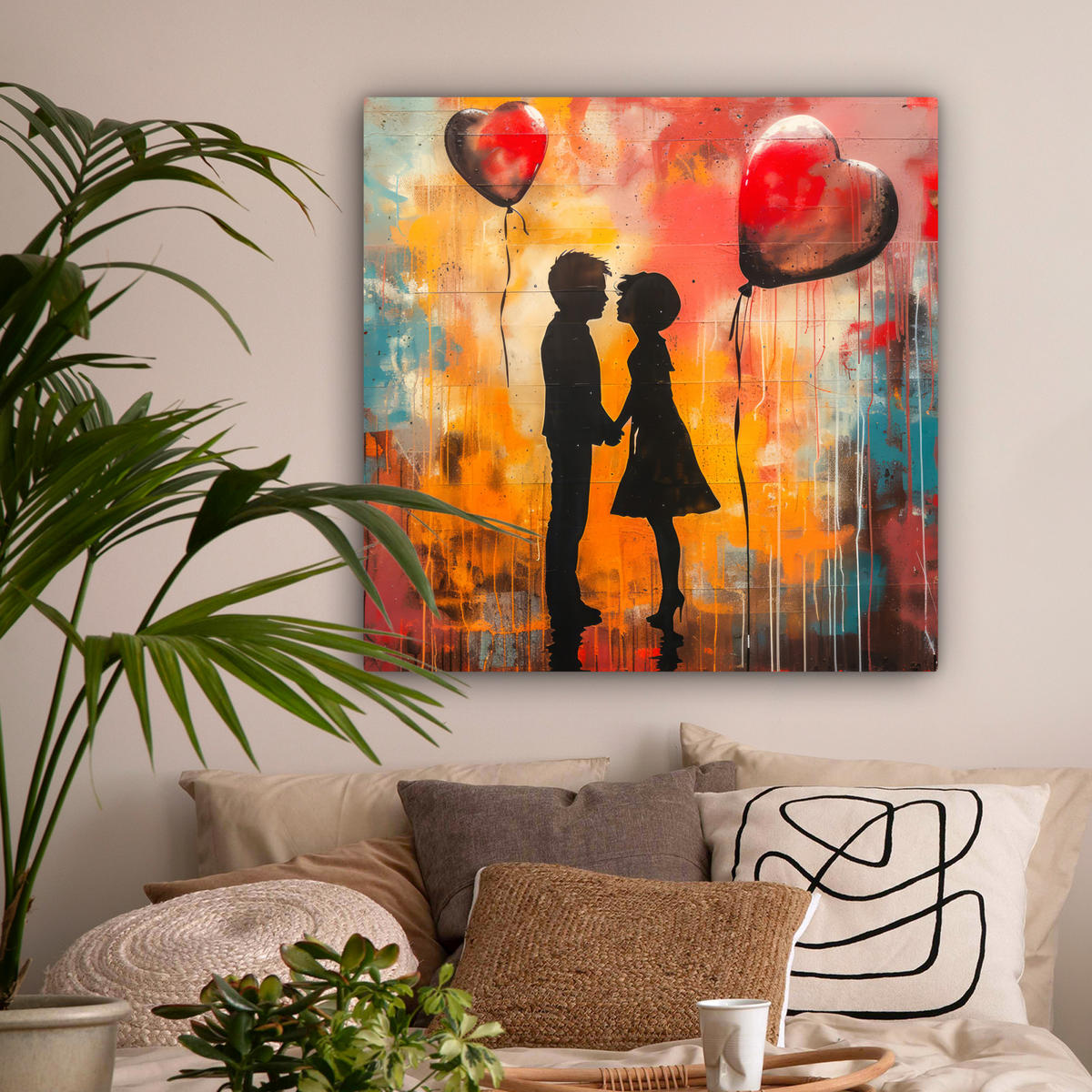 LEINWANDBILD Straßenkunst - Liebe - Graffiti - Kunst - Banksy 90x90 cm - Orange, Textil (90/90cm) - MuchoWow