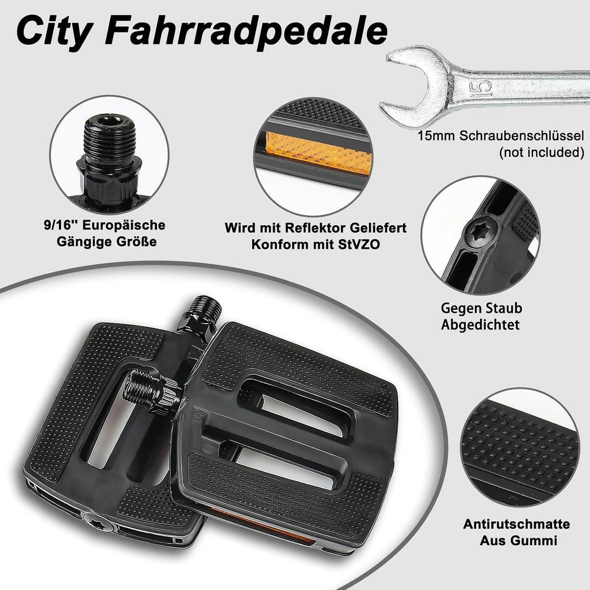 FAHRRADPEDALE City/Trekking Set inkl. Reflektoren Schwarz - Schwarz, Kunststoff (8.5/1.5/12.5cm)