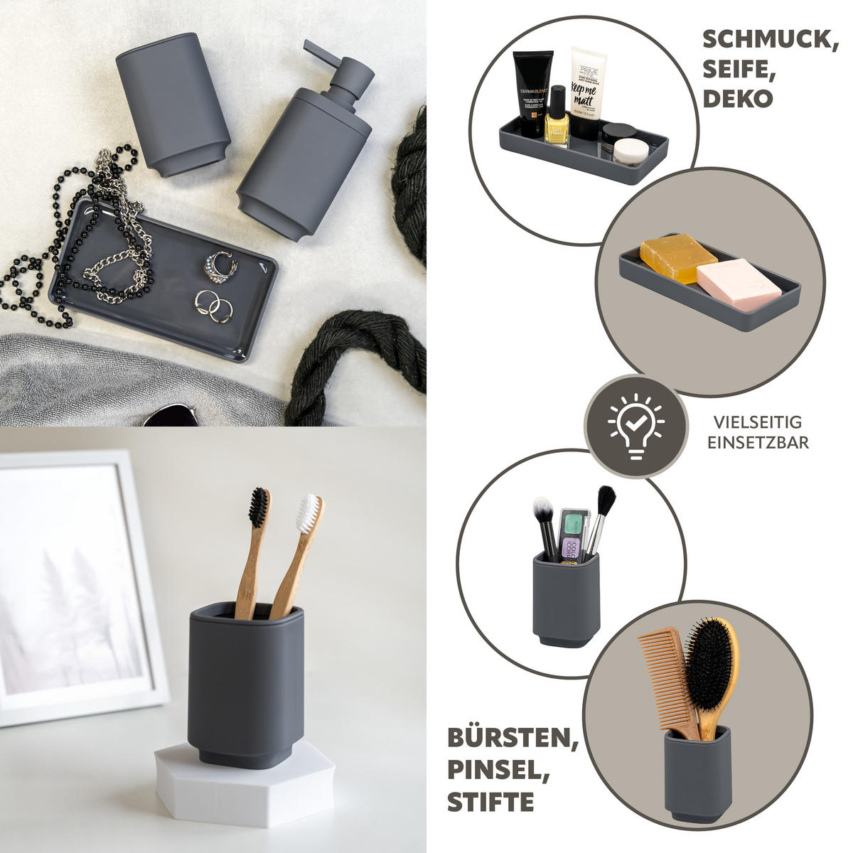 BAD-ACCESSOIRES-SET VALONA, Soft-Touch, grau - Grau, Kunststoff (18/2.5/9.5cm) - eluno