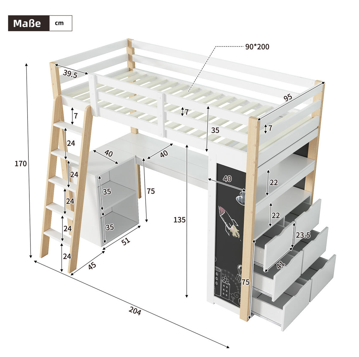 HOCHBETT mit Schreibtisch 90/200 cm in Weiß/Natur – mit Stauraum und Leiter - Weiß, Holzwerkstoff (90/200cm) - BEAOK