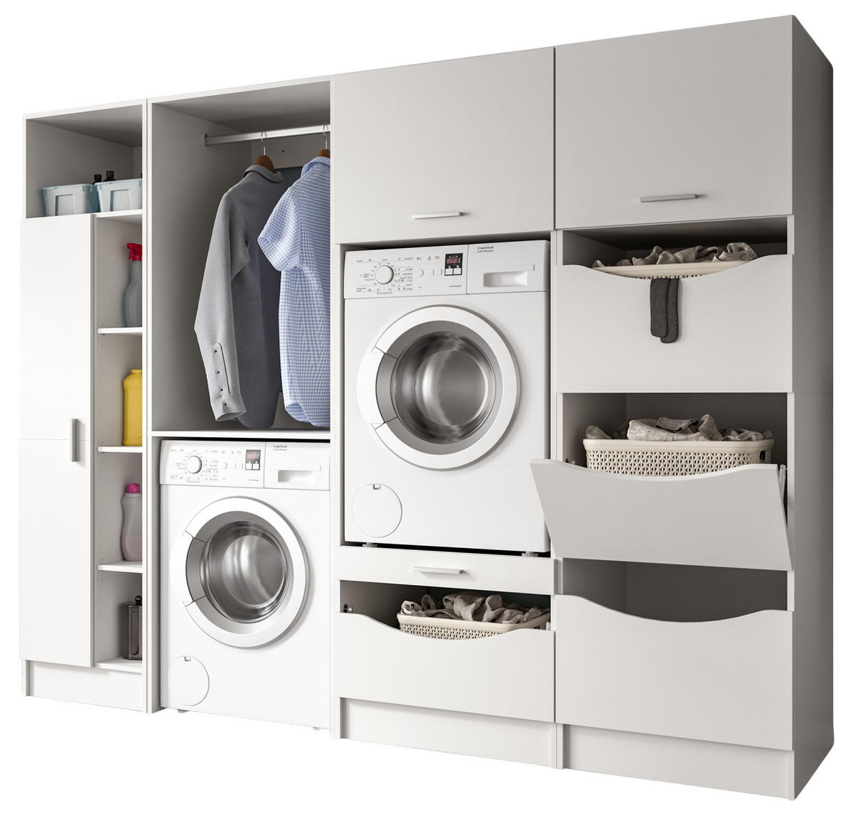 WASCHMASCHINENSCHRANK weiß Set 4-teilig 242 cm, Waschmaschinenumbau XXXL mit viel Stauraum - Silberfarben/Weiß, Glas/Holzwerkstoff (242/196/68cm) - Inn.Furn